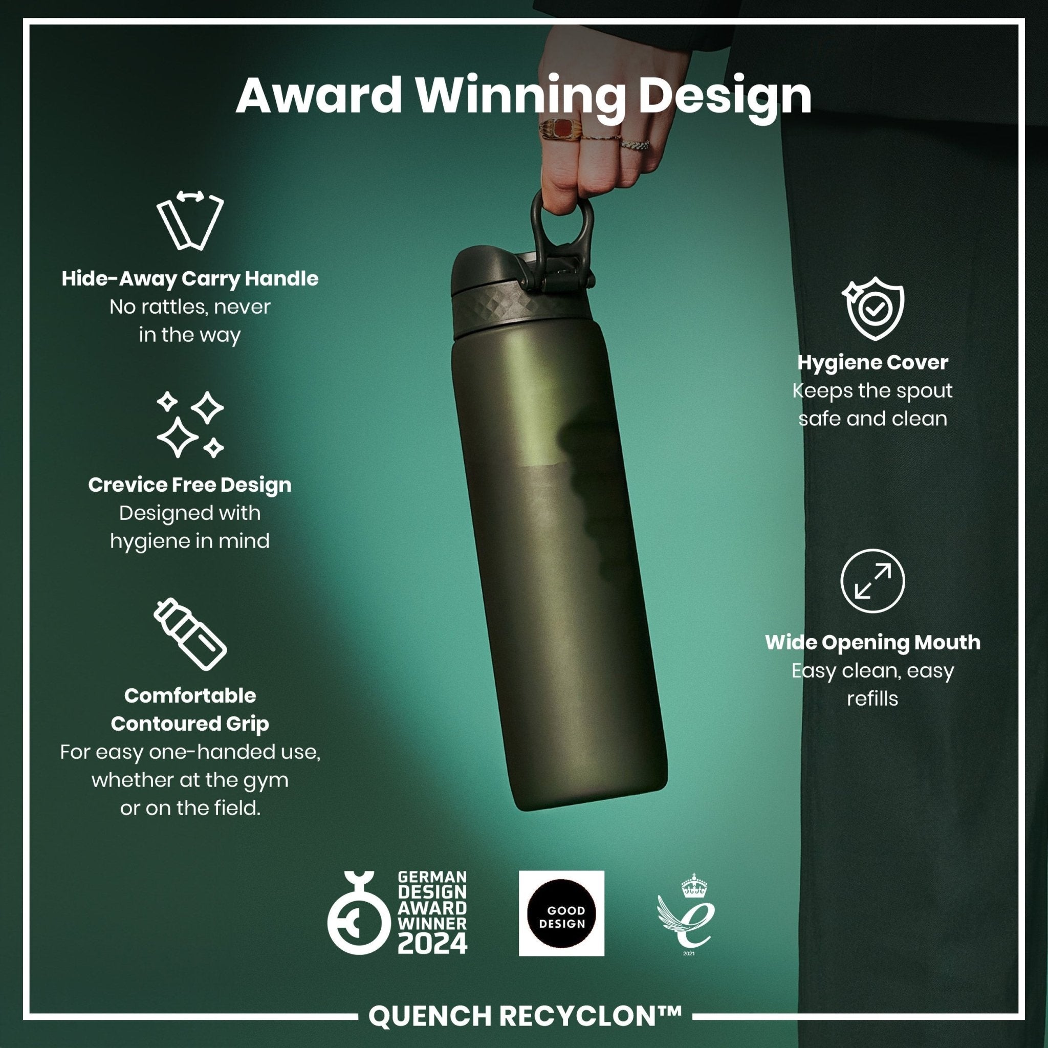 Dark green ION8 Recyclon leak-proof 1-liter water bottle with secure lid, made from recyclable materials.