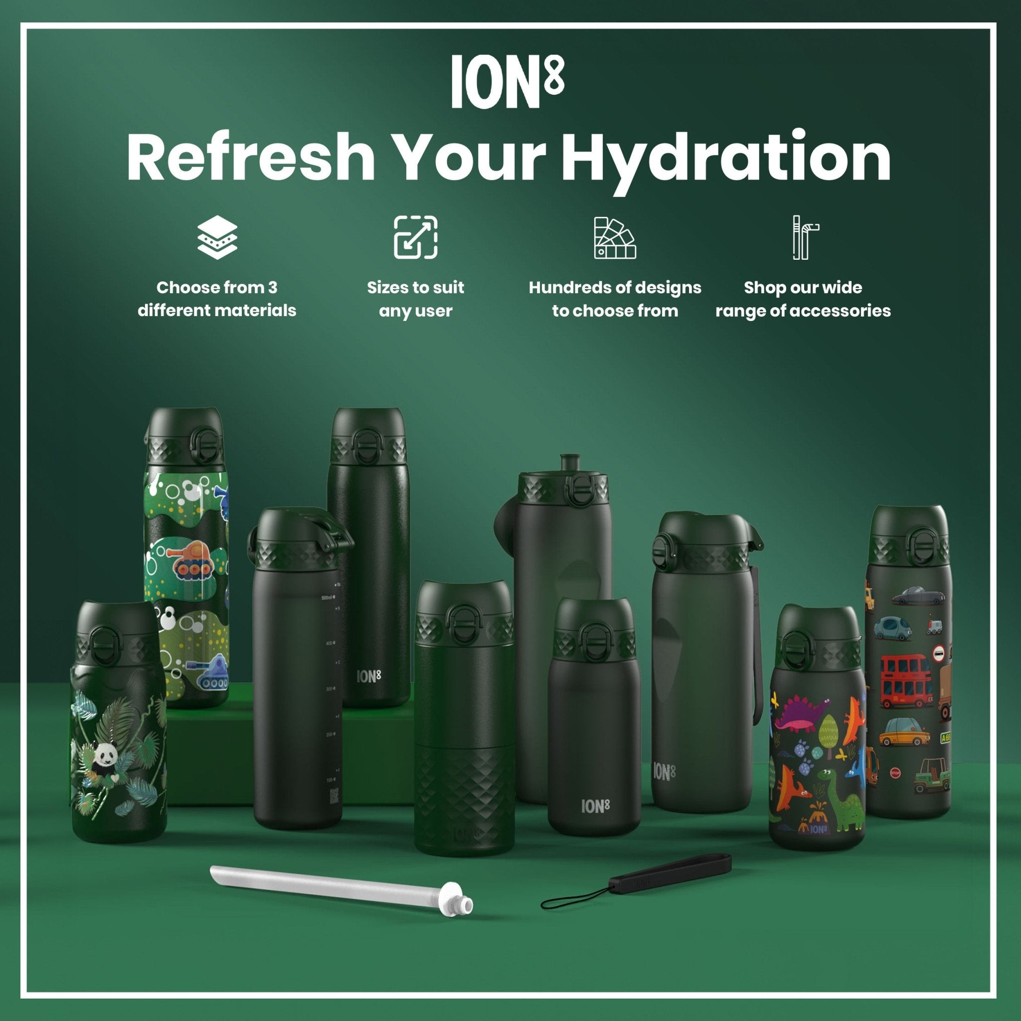 Dark green ION8 Recyclon leak-proof 1-liter water bottle with a secure cap, designed for durable hydration and eco-friendly use.