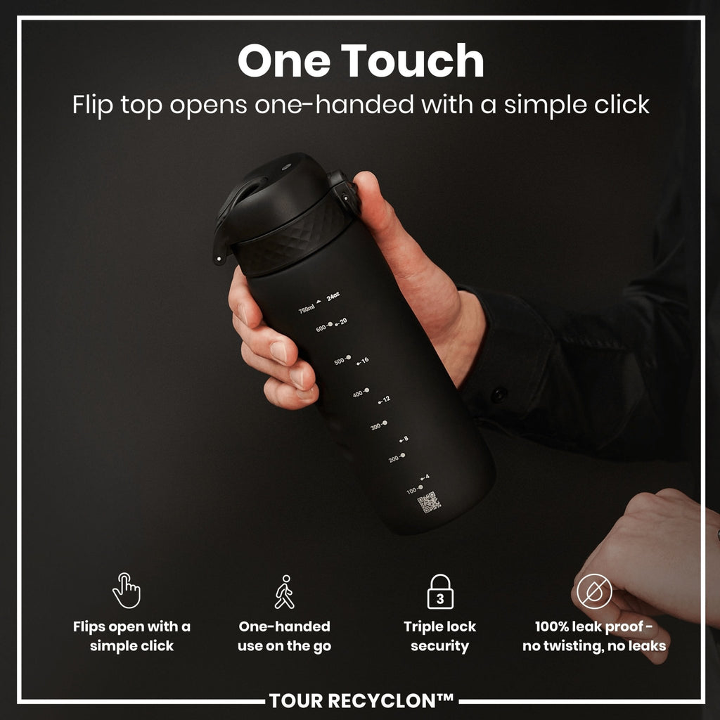 Black 750ml Recyclon water bottle by ION8 with a sleek design and screw-top lid, shown standing upright.