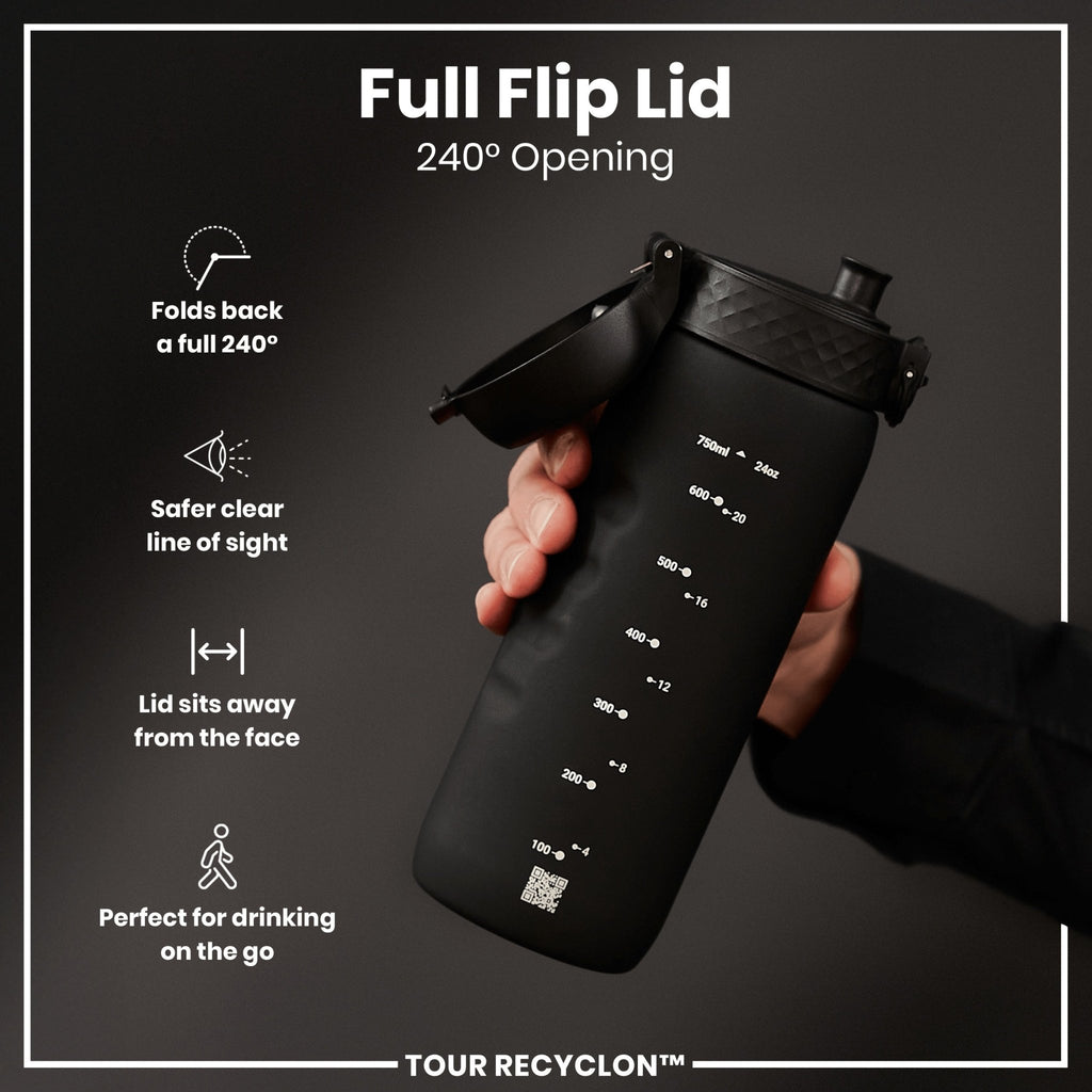 Black 750ml Recyclon water bottle by ION8, featuring a sleek design and durable construction.