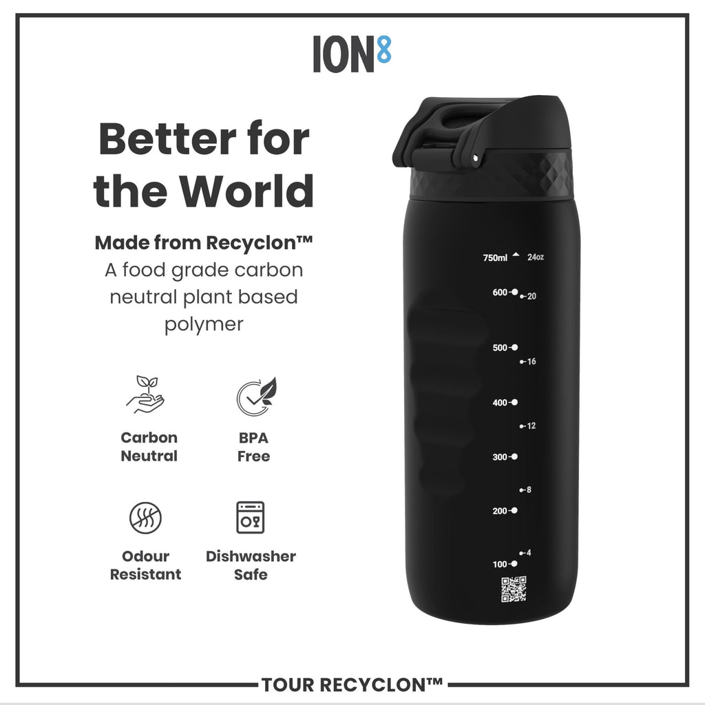 Black ION8 Recyclon 750ml water bottle with sleek design and screw-on lid, made for reusable hydration.