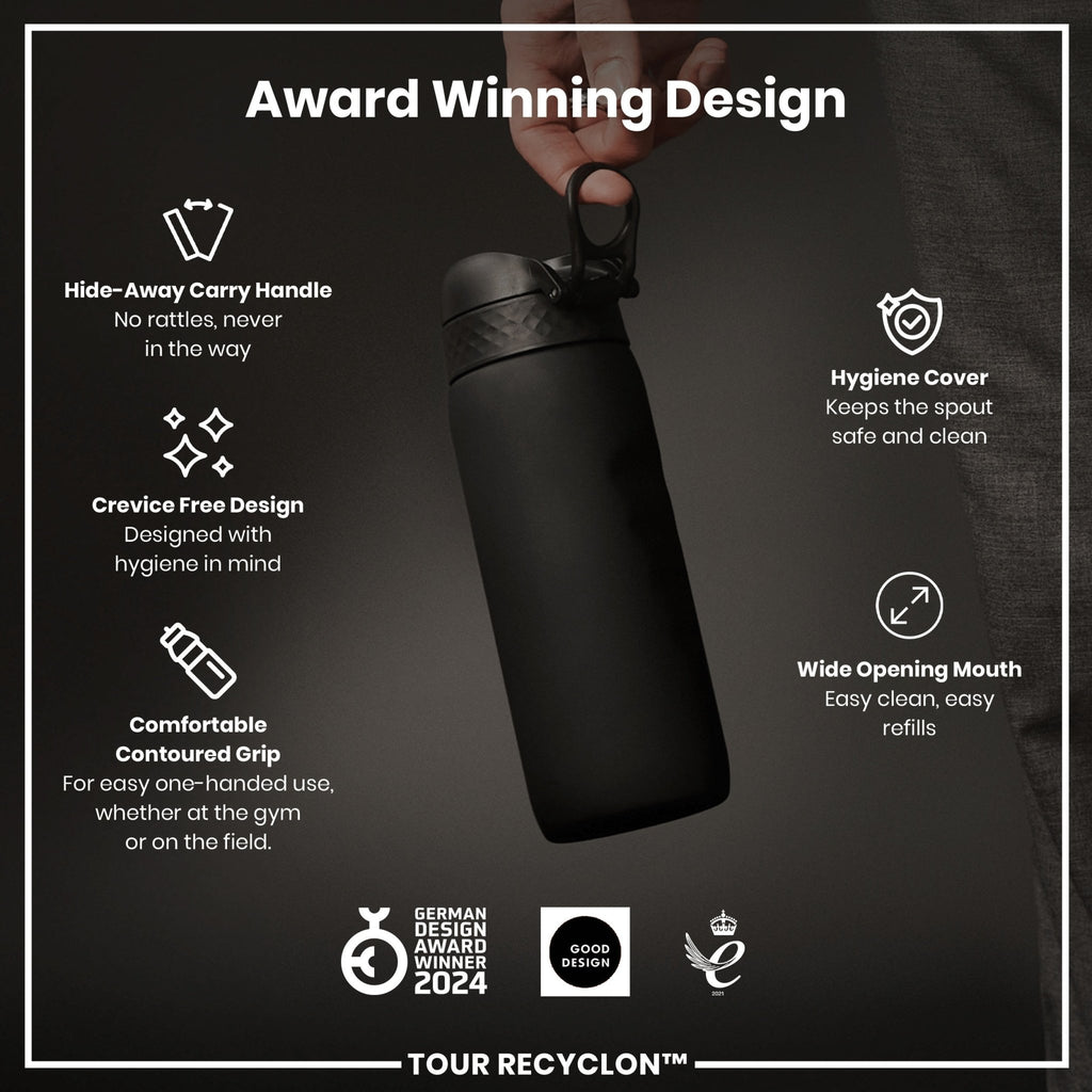 Black ION8 Recyclon 750ml water bottle with a sleek design and secure lid, suitable for daily hydration.