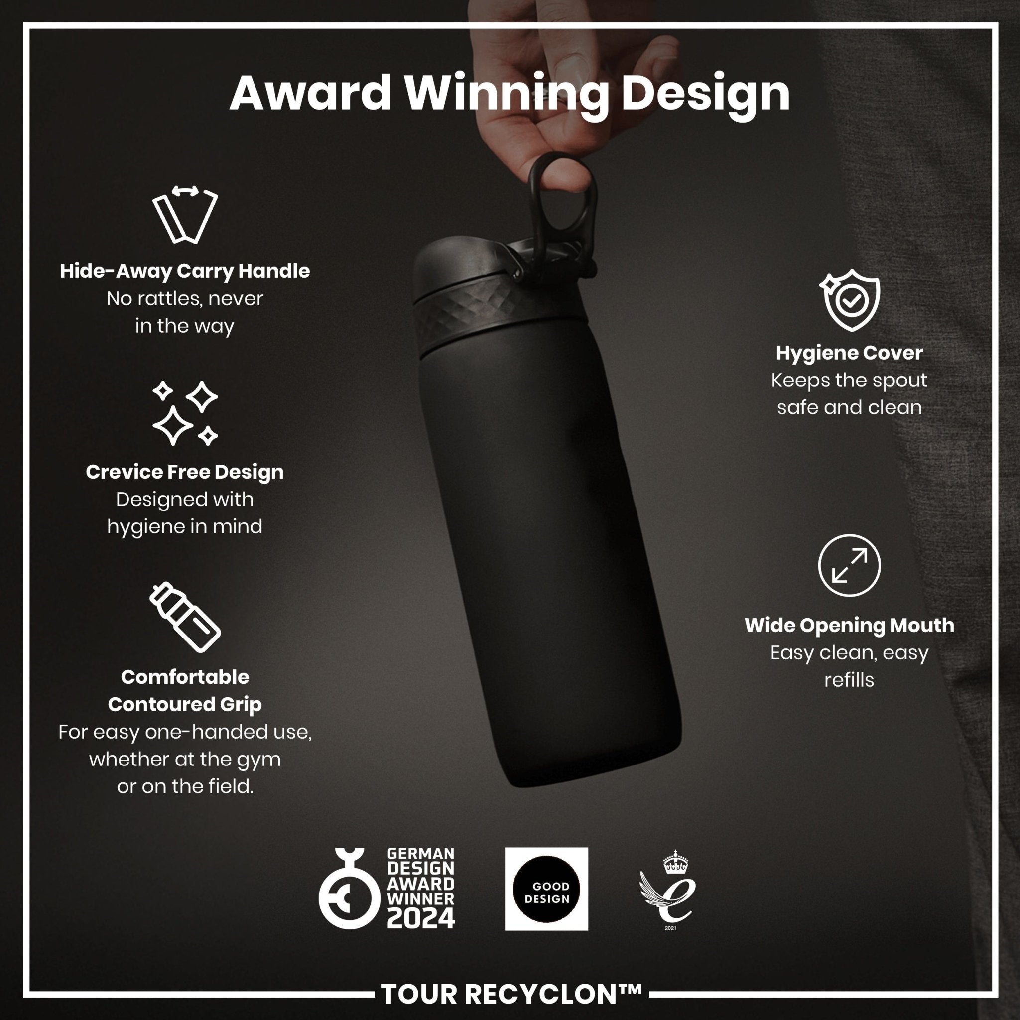 Black ION8 Recyclon 750ml water bottle with a sleek design and secure lid, suitable for daily hydration.