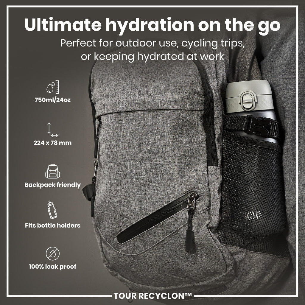 Grey ION8 Recyclon water bottle, 750ml, made from recyclable materials, with a sleek design and secure cap.
