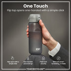 ION8 Recyclon grey 750ml water bottle with a sleek design and secure lid, made from eco-friendly recyclable materials.