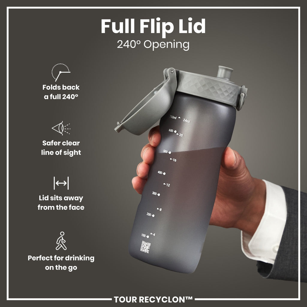 ION8 Recyclon grey 750ml water bottle with a sleek design and secure screw cap for reusable hydration.