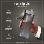 ION8 Recyclon grey 750ml water bottle with a sleek design and secure screw cap for reusable hydration.