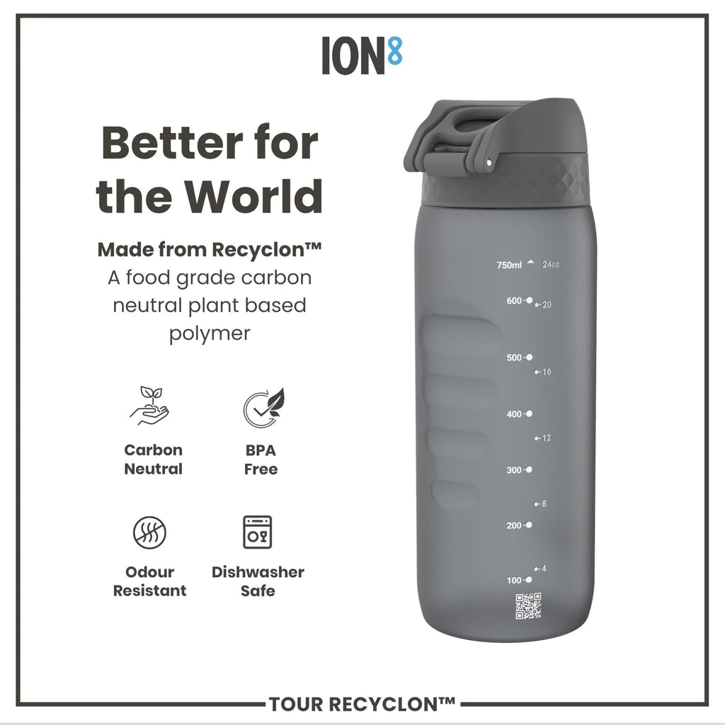 Grey Recyclon water bottle by ION8, 750ml capacity, with a sleek design and secure lid, designed for reusable hydration.