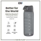 Grey Recyclon water bottle by ION8, 750ml capacity, with a sleek design and secure lid, designed for reusable hydration.