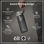 Grey ION8 Recyclon 750ml water bottle with a sleek design and screw-top lid, ideal for hydration on the go.