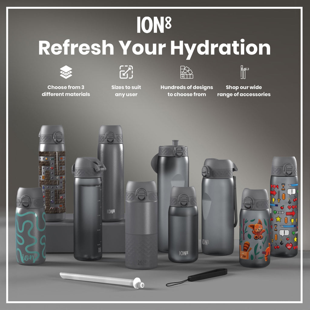 Grey 750ml Recyclon water bottle by ION8 with a sleek design and secure cap, suitable for hydration on the go.