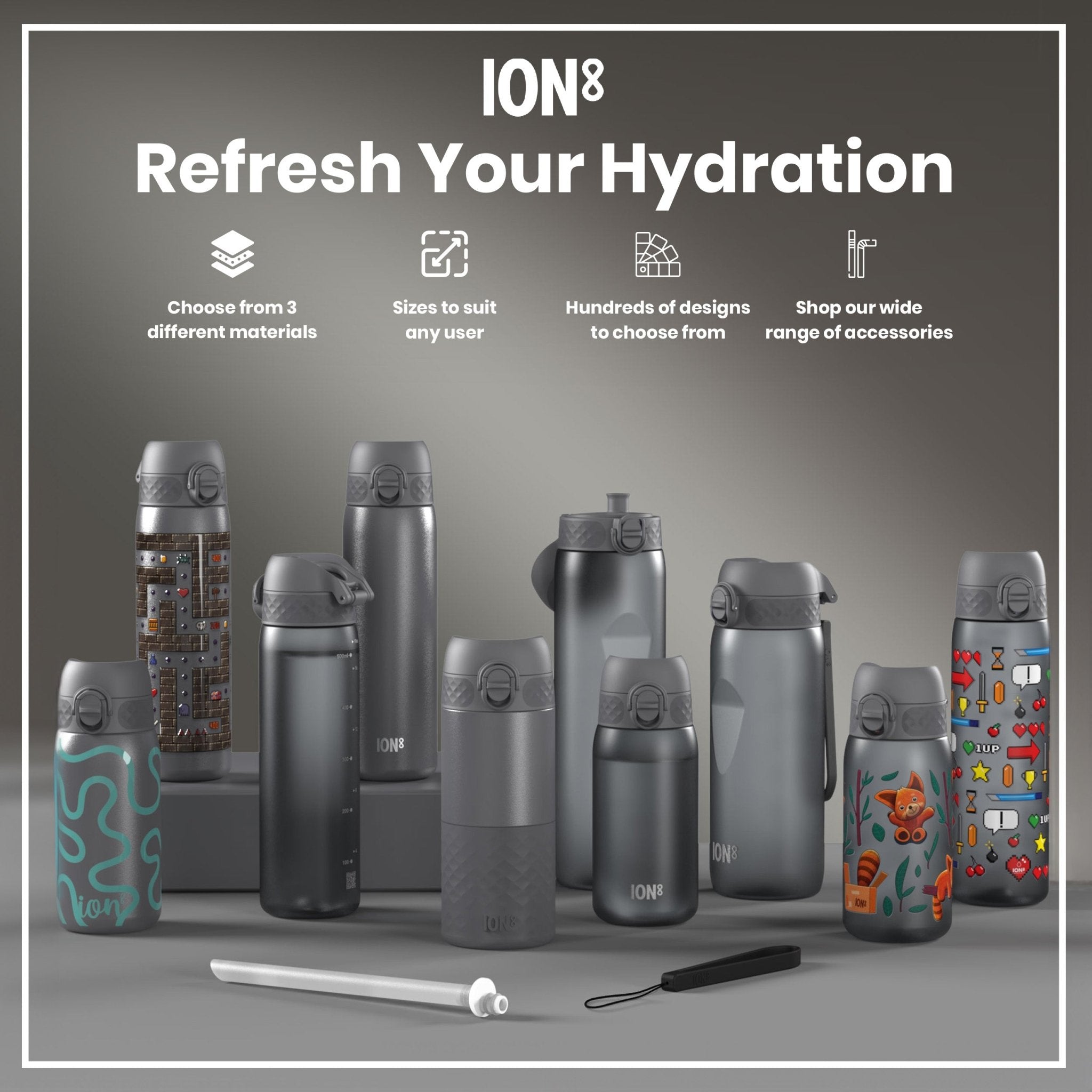 Grey 750ml Recyclon water bottle by ION8 with a sleek design and secure cap, suitable for hydration on the go.