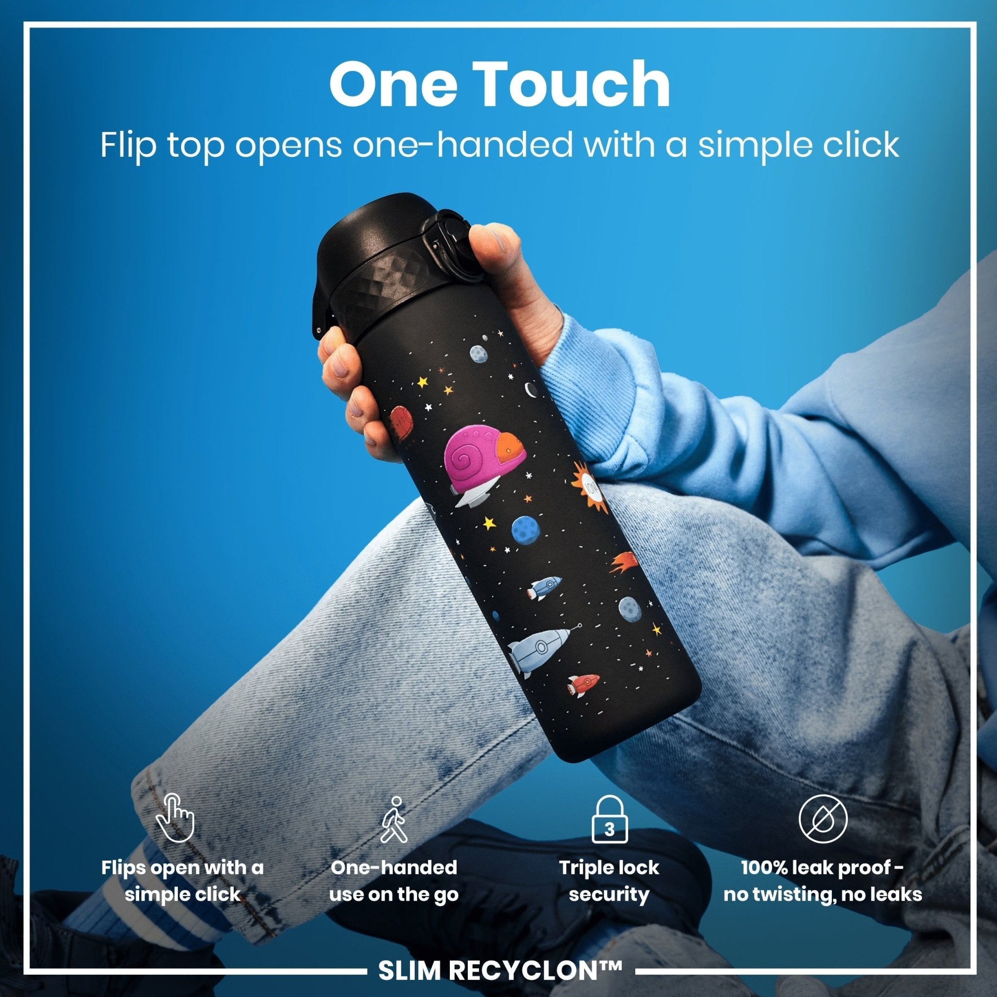 ION8 Recyclon leak-proof slim water bottle with spaceship design, 500ml (18oz), made from recyclable materials, ideal for hydration.