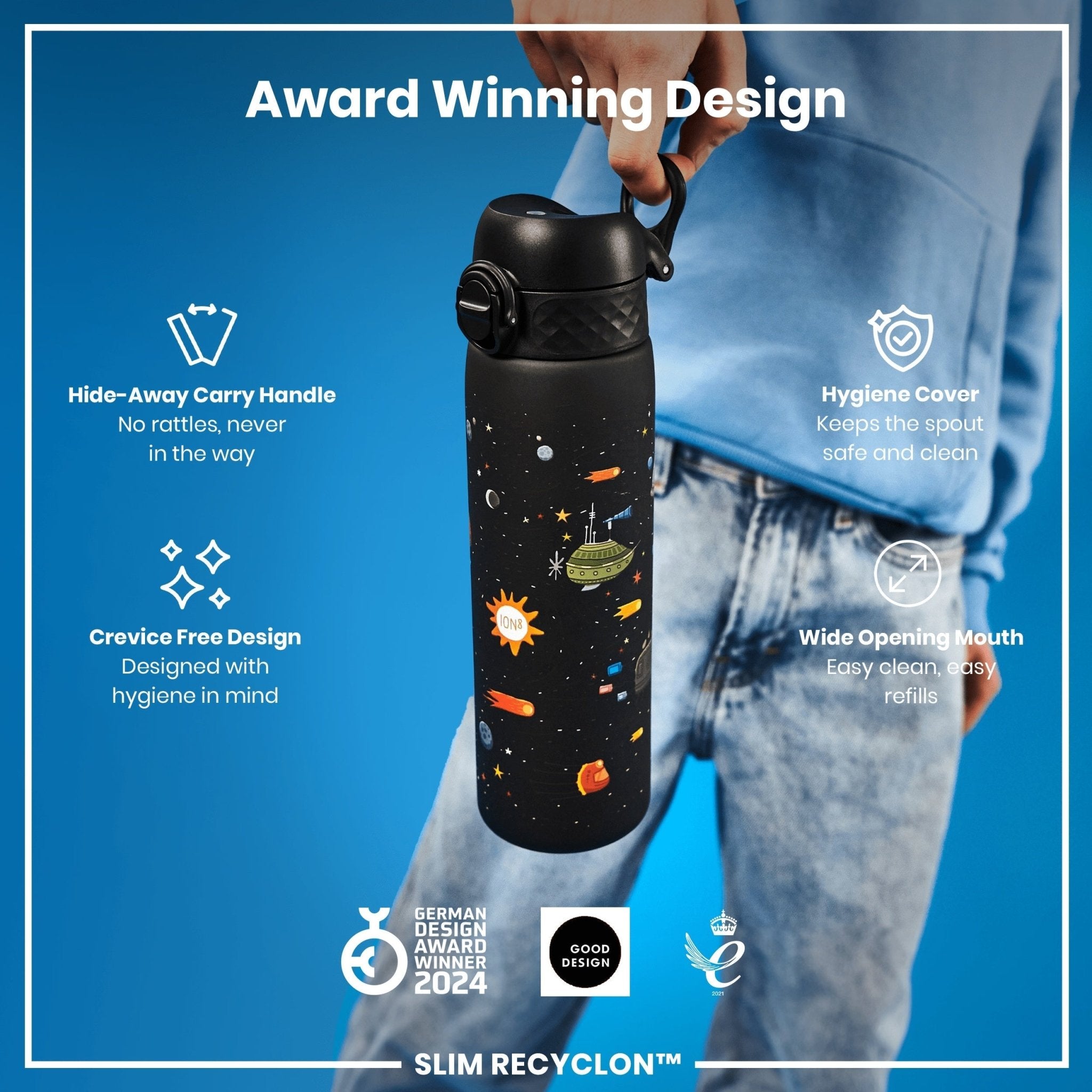 Ion8 Leak Proof Slim Water Bottle with spaceships design, 500ml (18oz) recyclable Recyclon water bottle, eco-friendly and portable.