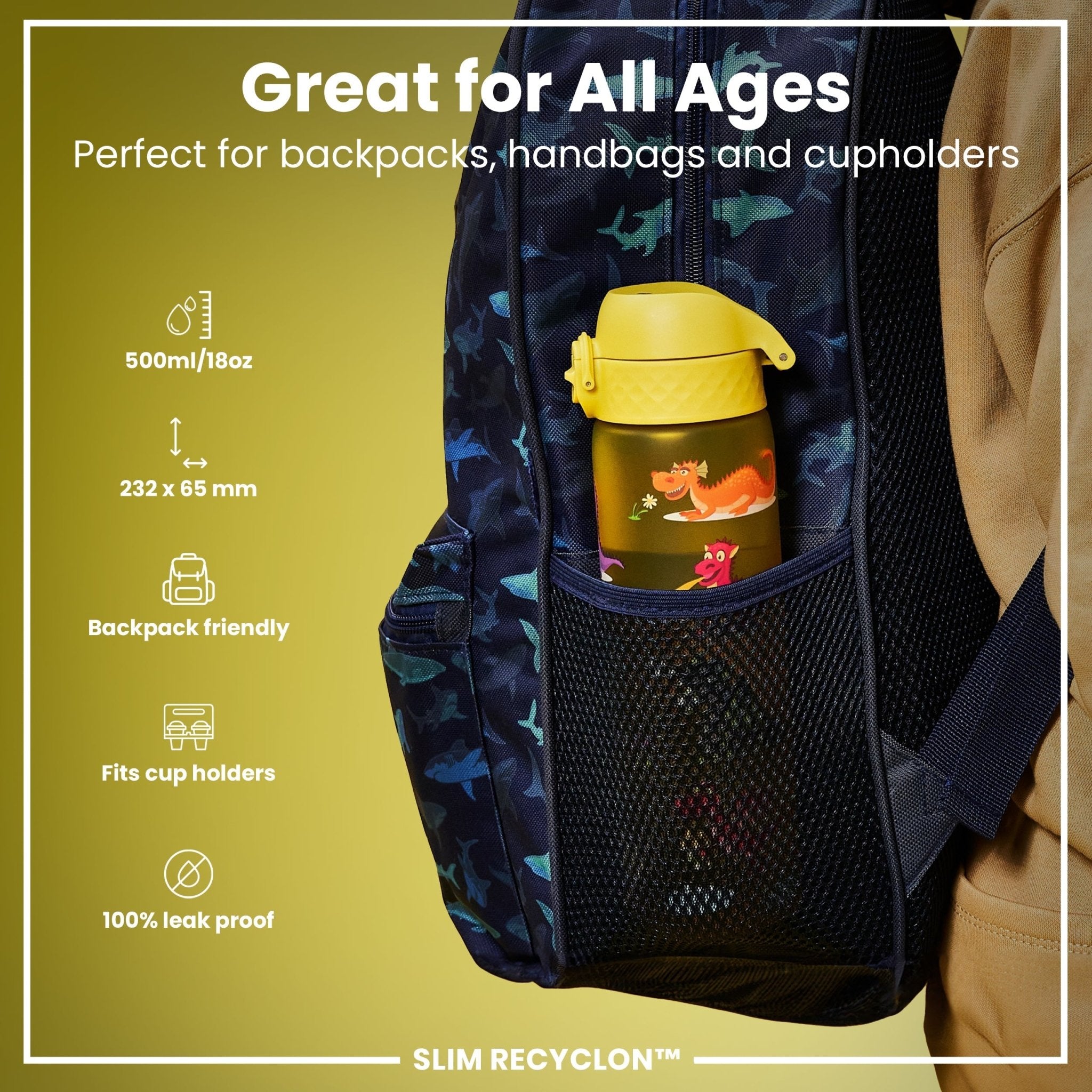 ION8 Recyclon Leak Proof Slim Water Bottle with Dragons design, 500ml (18oz), made of recyclable material, showing the bottle's dragon pattern.