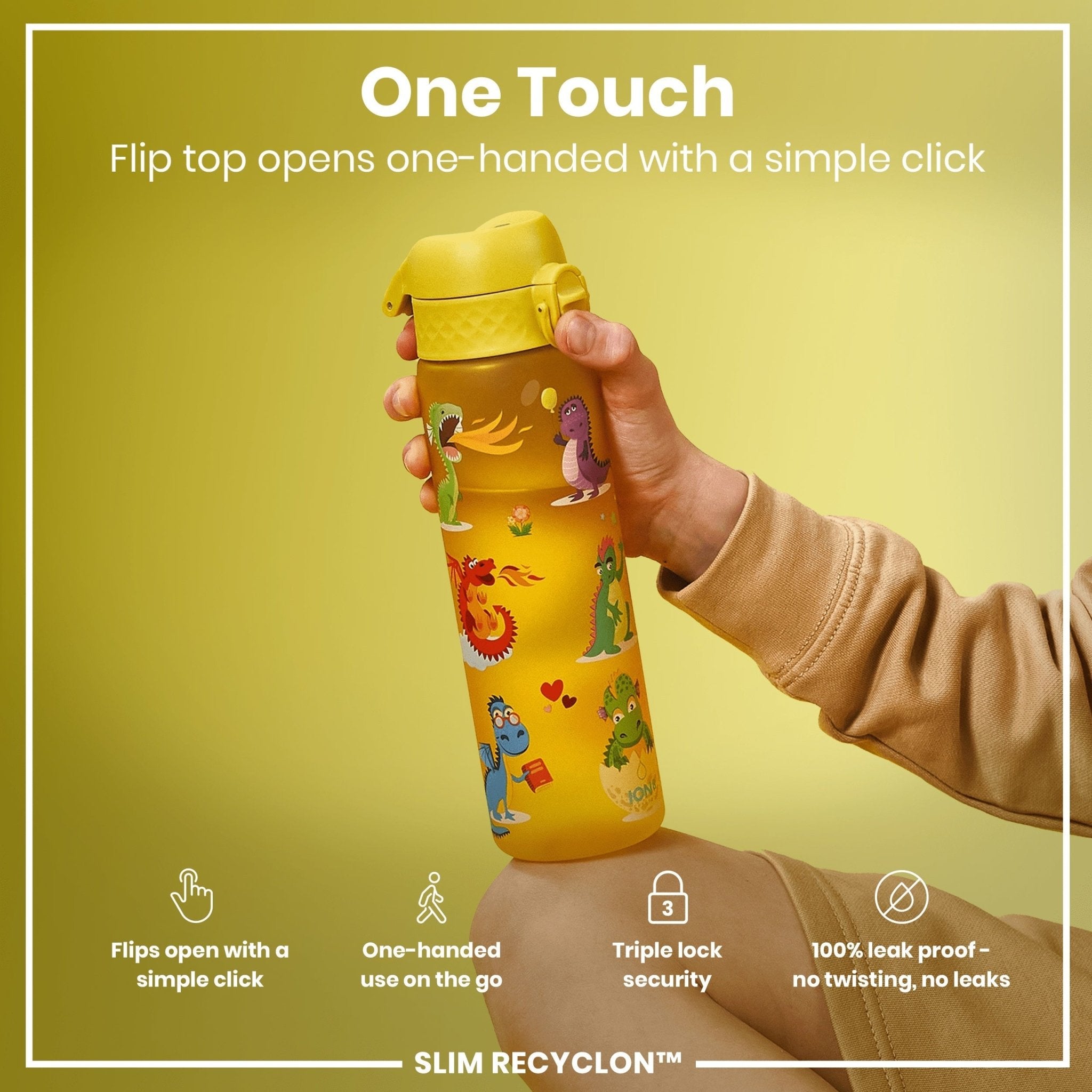 Ion8 Recyclon leak-proof slim water bottle with dragon design, 500ml (18oz) recyclable plastic, durable and portable.