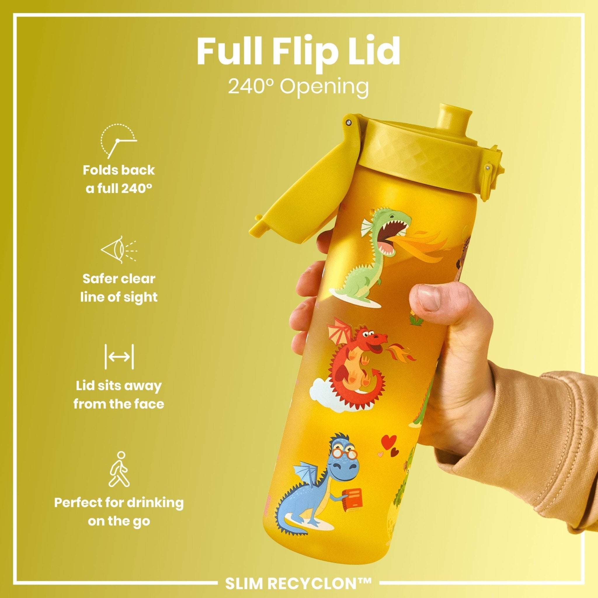 Ion8 Recyclon water bottle with dragons design, 500ml slim, leak-proof reusable water bottle in vibrant colors.