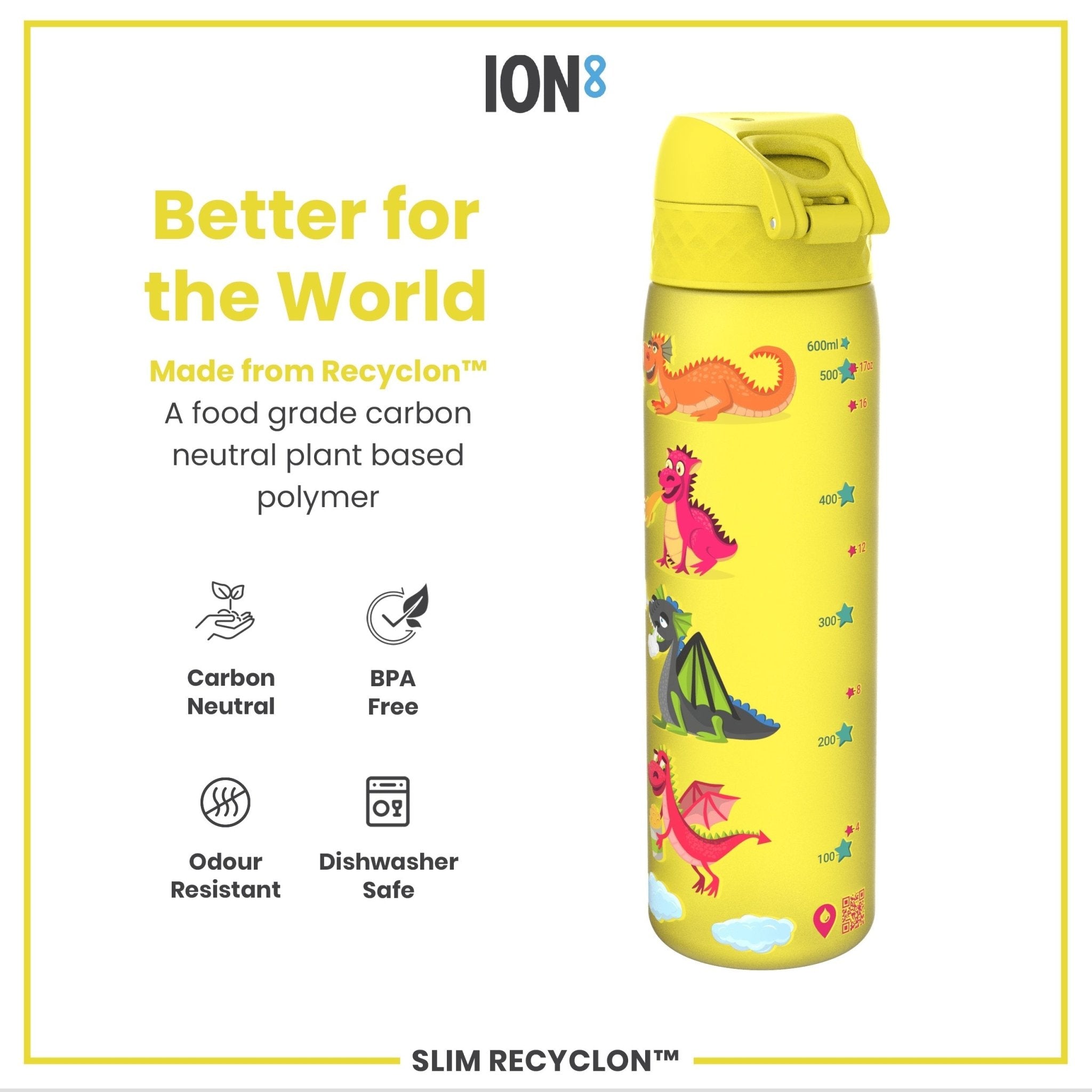 Recyclon Leak Proof Slim Water Bottle by ION8 with dragons design, 500ml (18oz) reusable water bottle, durable and eco-friendly.