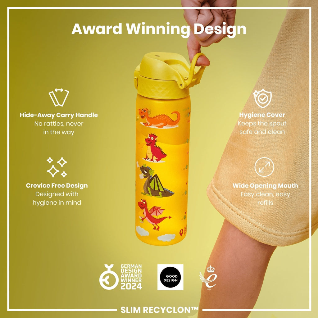 Ion8 Recyclon leak-proof slim water bottle with dragons design, 500ml (18oz), made from eco-friendly materials.