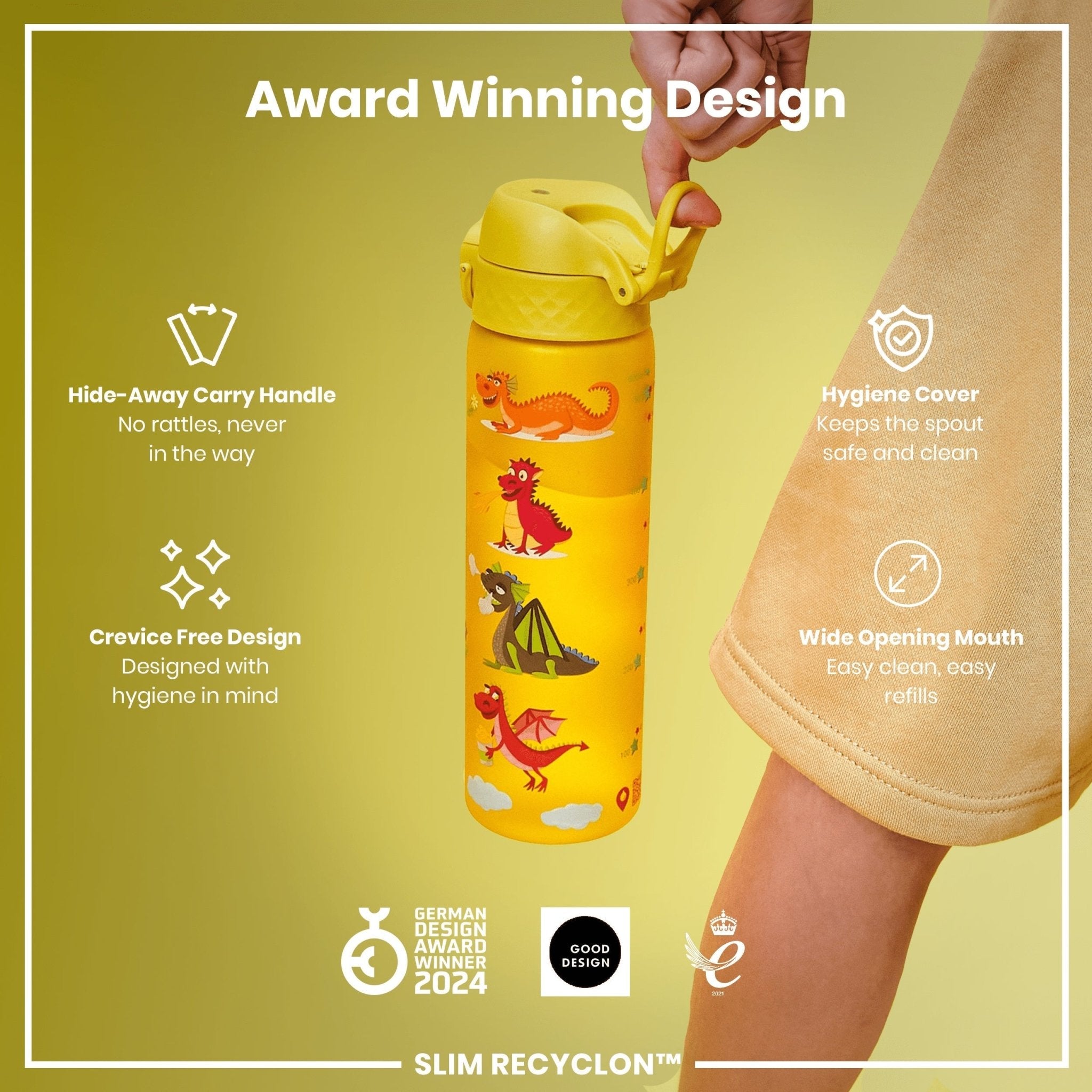 Ion8 Recyclon leak-proof slim water bottle with dragons design, 500ml (18oz), made from eco-friendly materials.