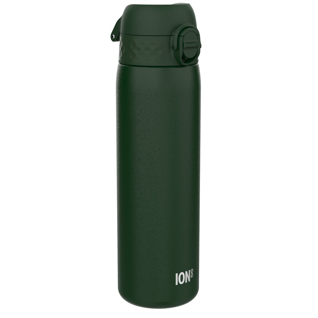 Dark green 600ml stainless steel leak-proof water bottle by ION8, slim design, ideal for travel and everyday hydration.