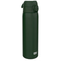Dark green 600ml stainless steel leak-proof water bottle by ION8, slim design, ideal for travel and everyday hydration.