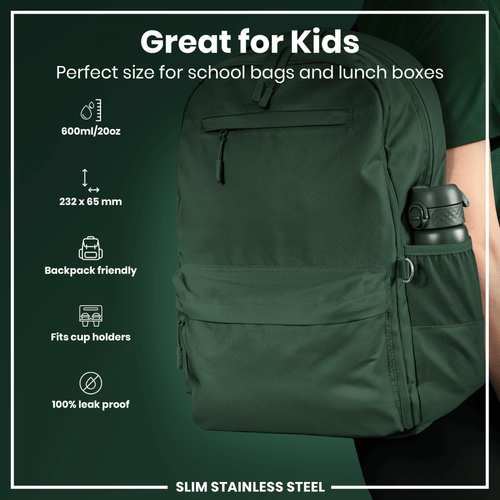 Dark green ION8 stainless steel leak-proof water bottle, 600ml (20oz), slim design with secure lid for hydration on the go.