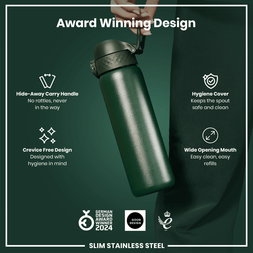 Dark green ION8 stainless steel leak-proof water bottle, 600ml (20oz), slim design, portable and durable for on-the-go hydration.
