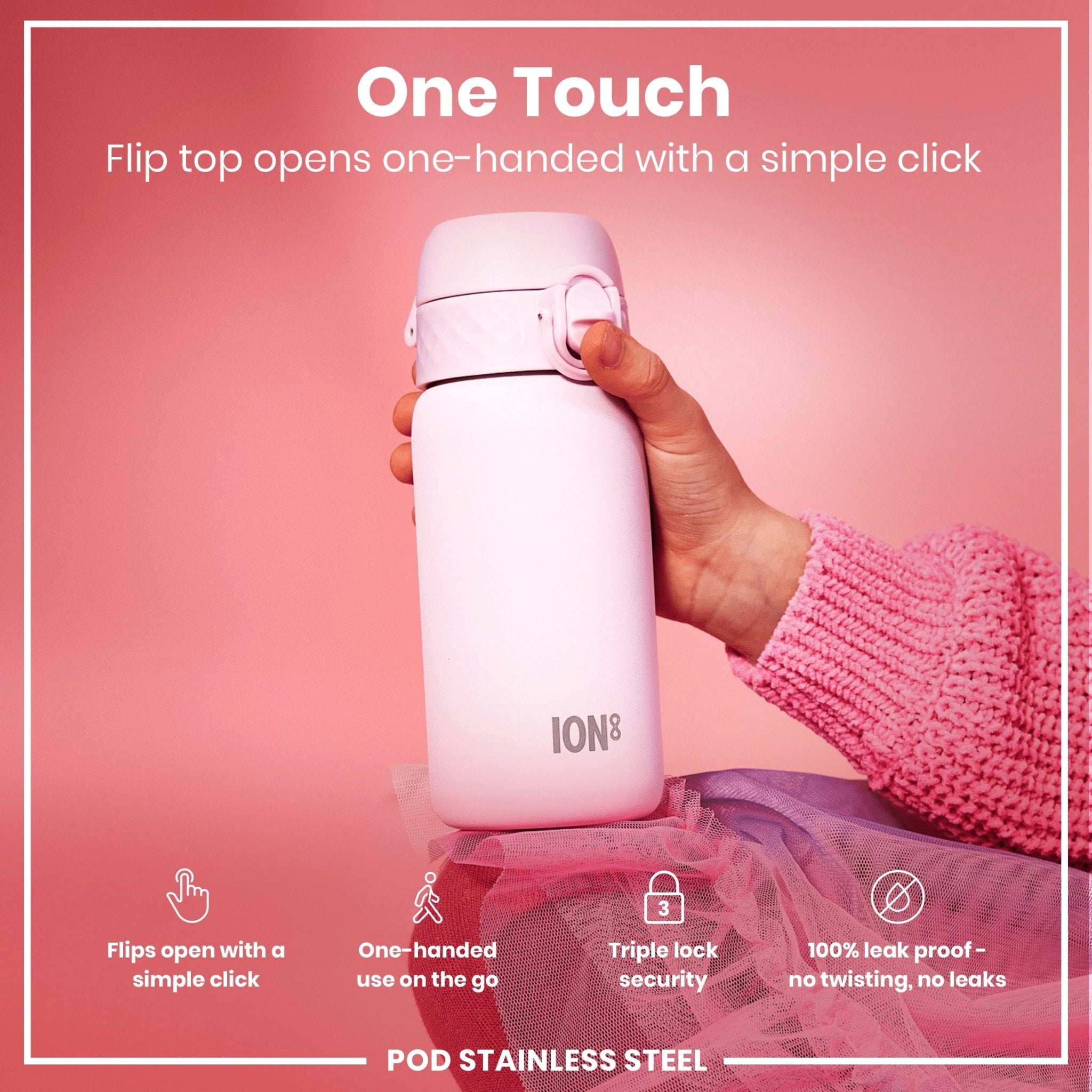 Leak-proof kids stainless steel water bottle in lilac dusk with 400ml capacity from ION8, featuring a secure lid and durable design.