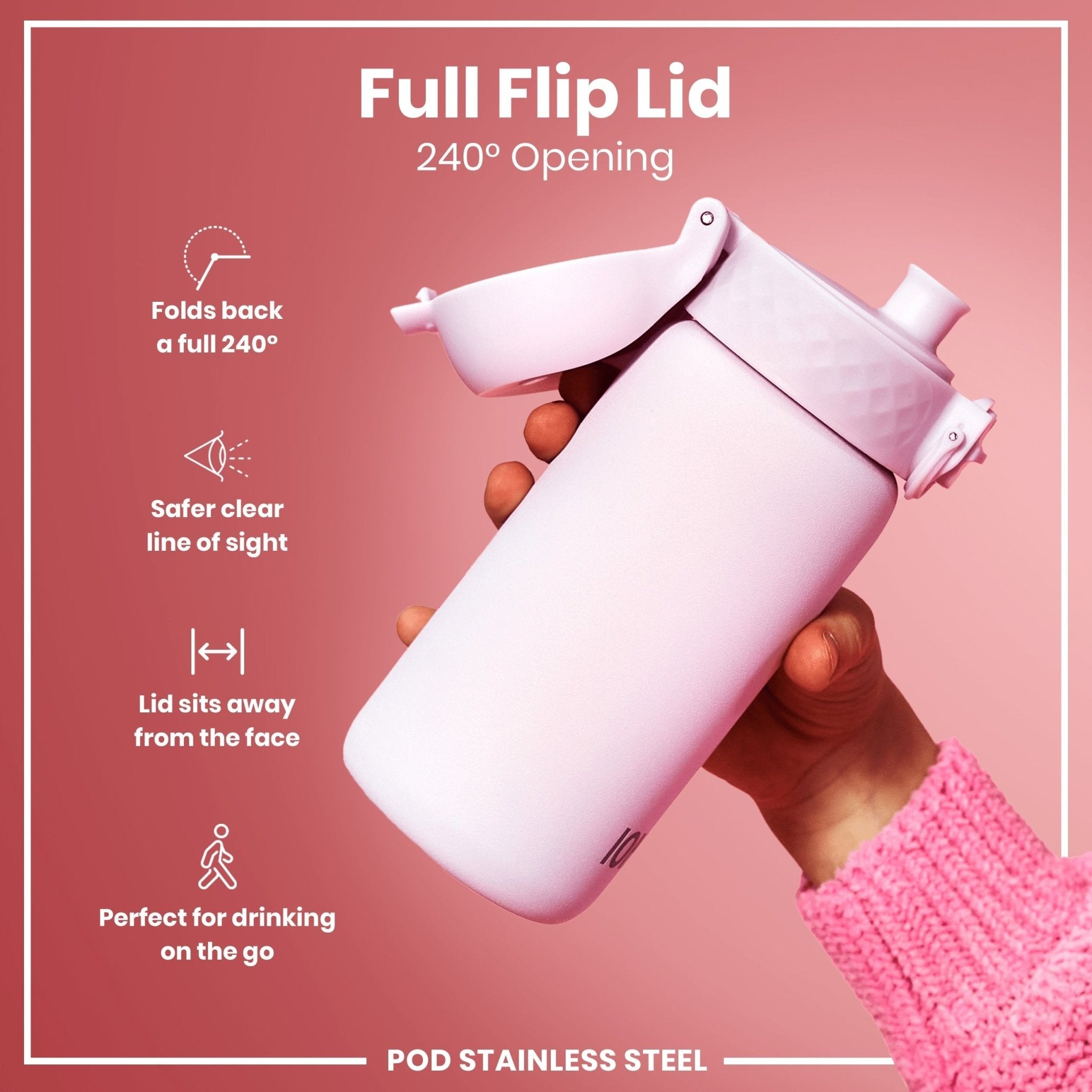 Leak-proof kids stainless steel water bottle in Lilac Dusk, 400ml, from ION8 with a secure cap and durable design.