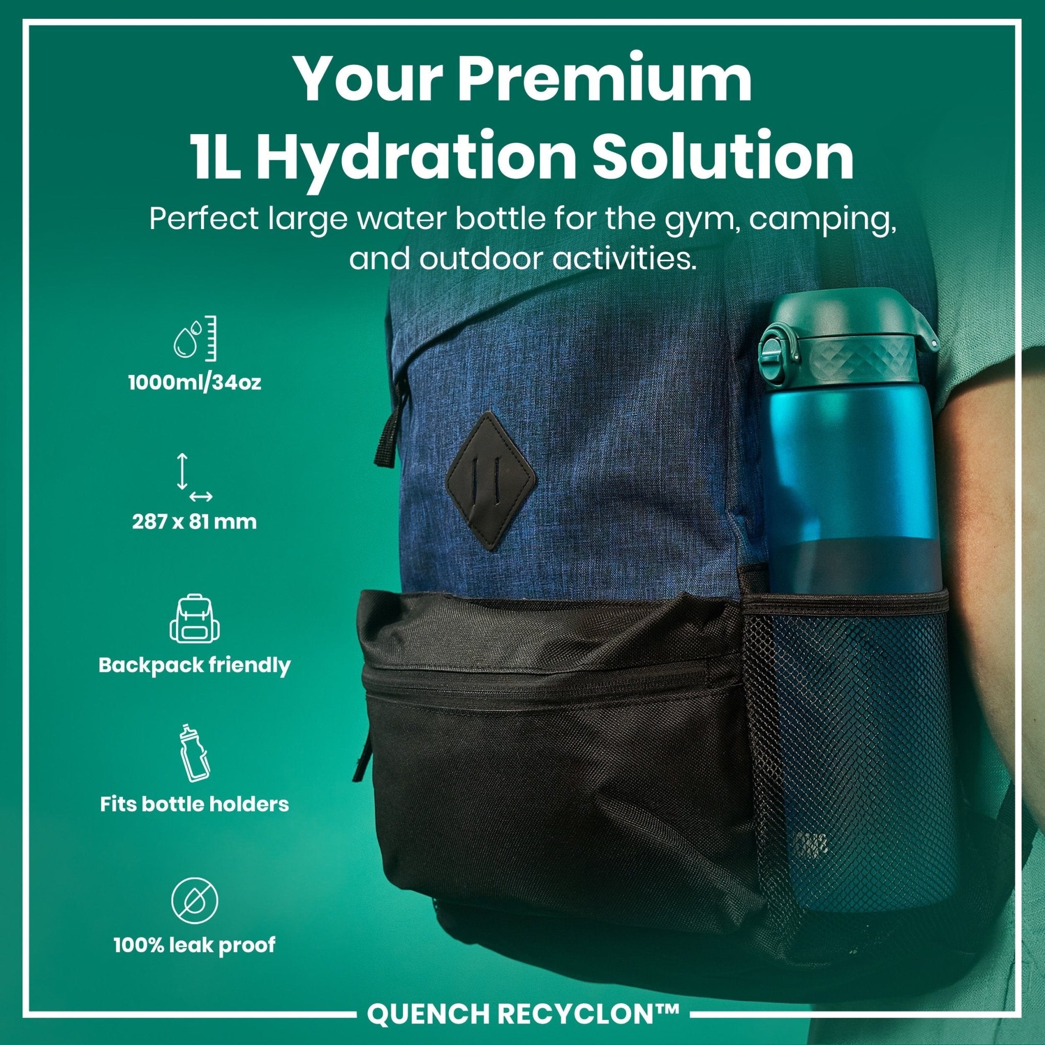 ION8 Recyclon 1L leak-proof water bottle in aqua with a secure cap and sleek design, perfect for hydration on the go.