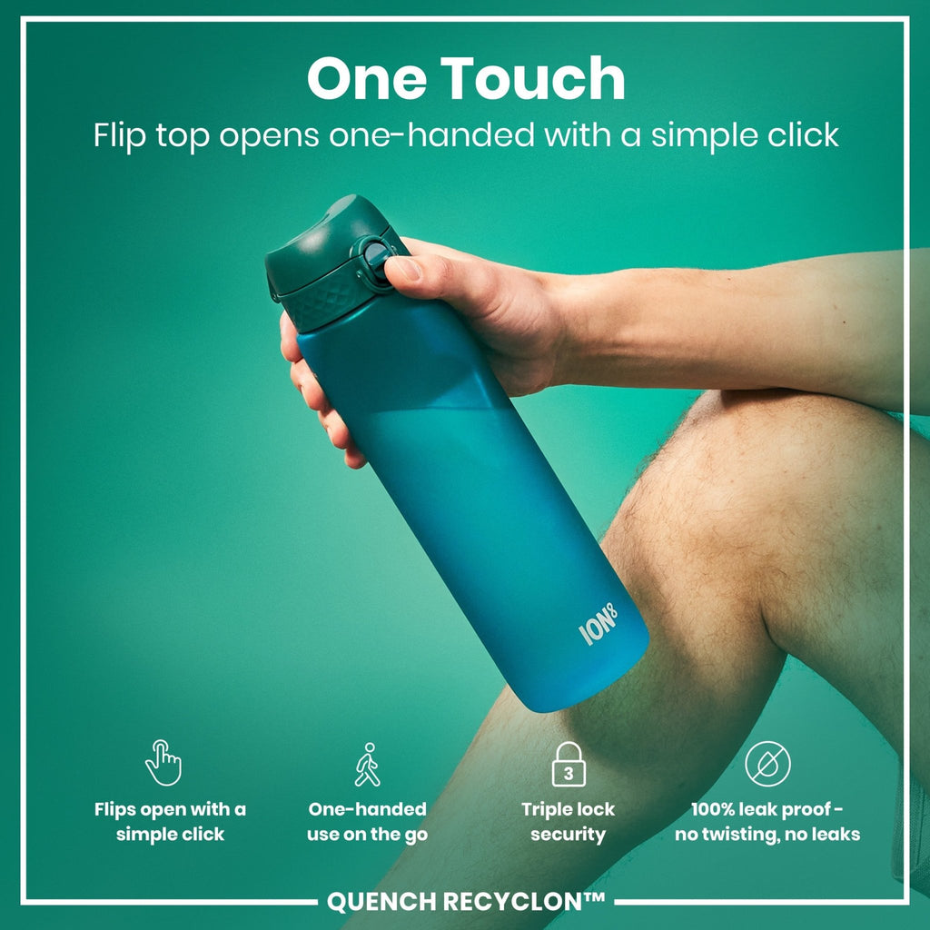 Ion8 Leak Proof 1L Recyclon Aqua water bottle with secure lid and clear design for hydration on the go.