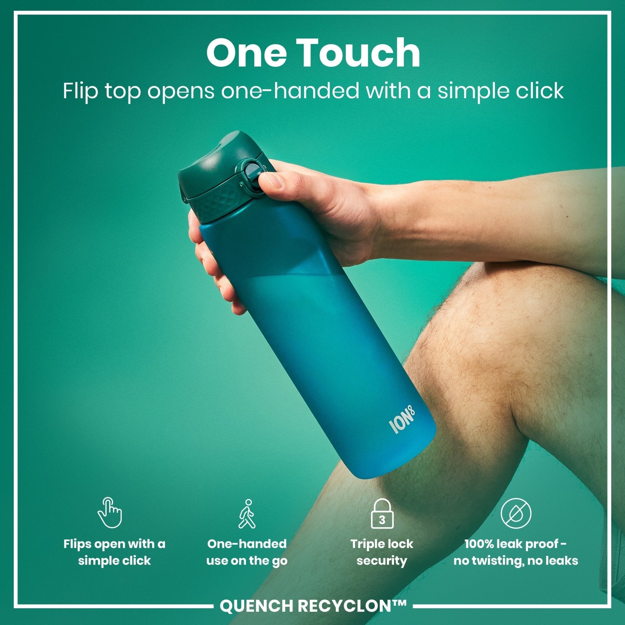 Ion8 Leak Proof 1L Recyclon Aqua water bottle with secure lid and clear design for hydration on the go.