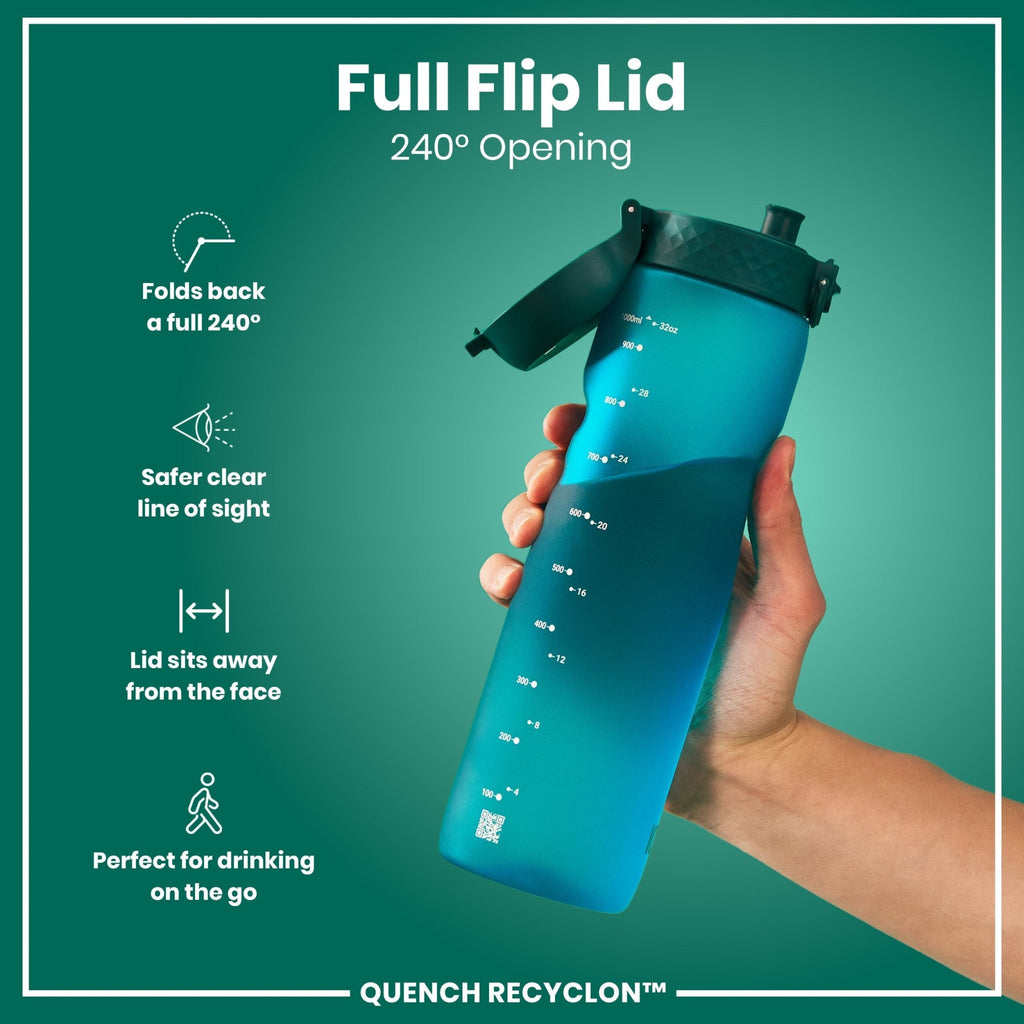 ION8 Recyclon Leak Proof 1L Aqua Water Bottle with a clear plastic design and secure screw-on cap for hydration.