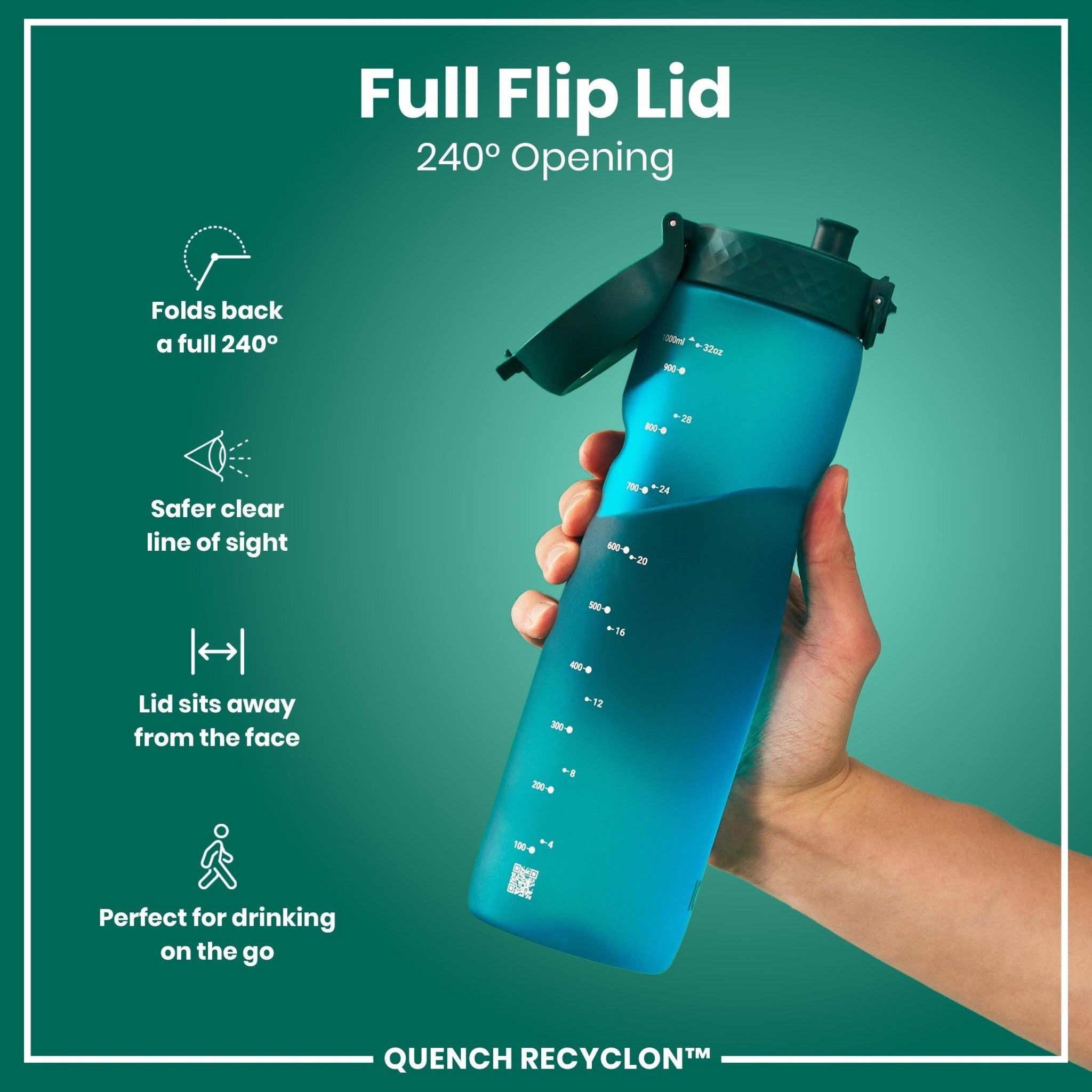 ION8 Recyclon Leak Proof 1L Aqua Water Bottle with a clear plastic design and secure screw-on cap for hydration.