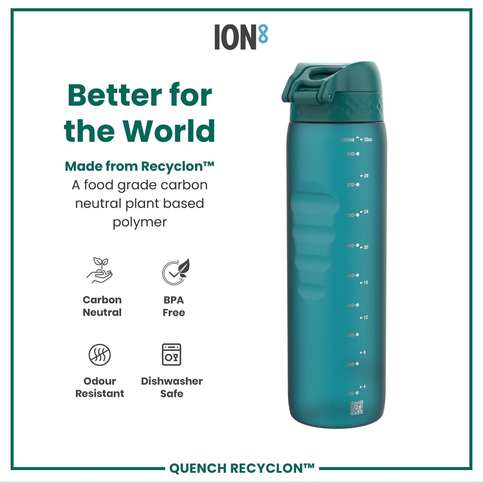 ION8 Recyclon 1L Aqua leak-proof water bottle with secure lid and clear design, ideal for hydration on the go.