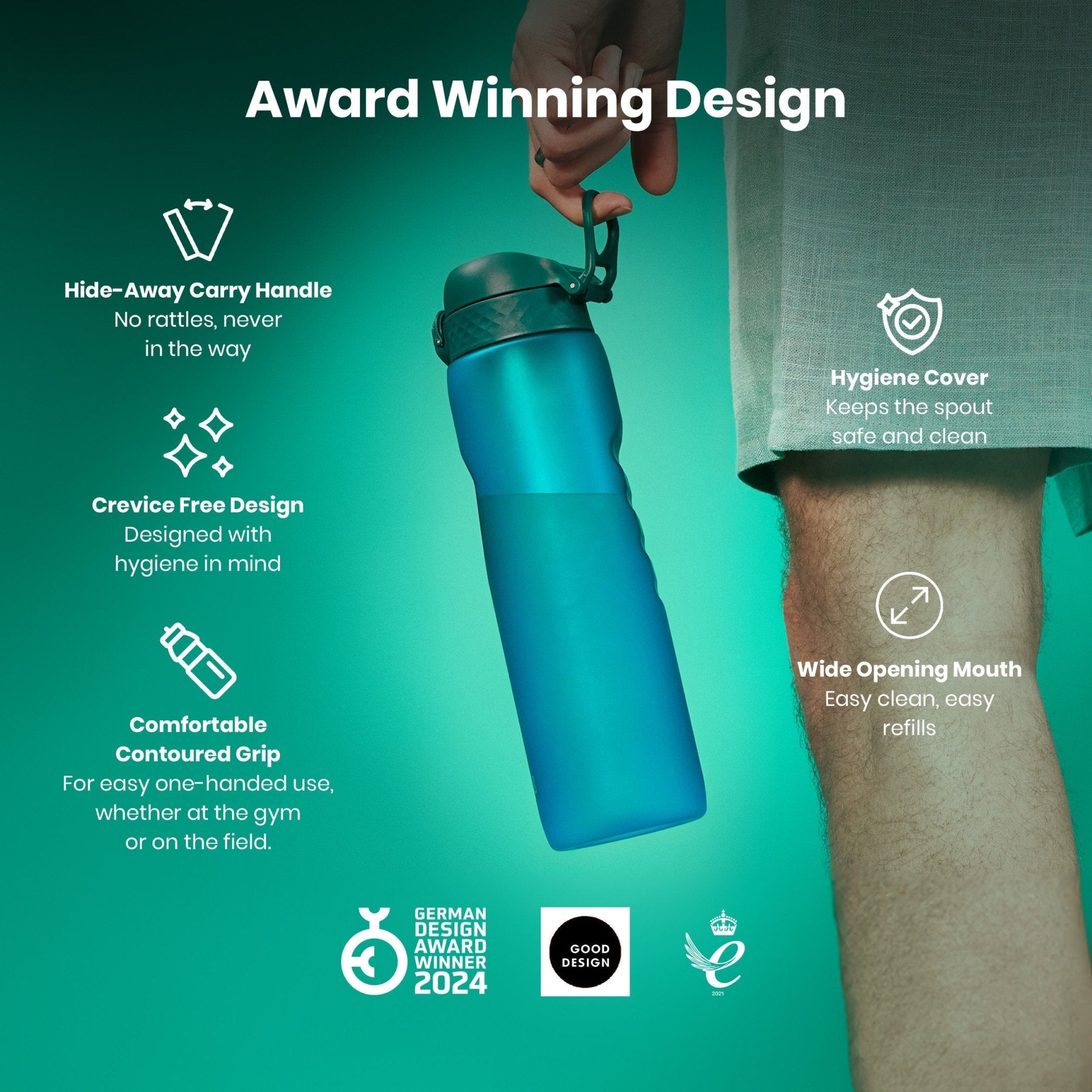 Ion8 Leak Proof 1L Recyclon water bottle in aqua, showcasing the durable, recyclable design with a secure lid and clear water inside.