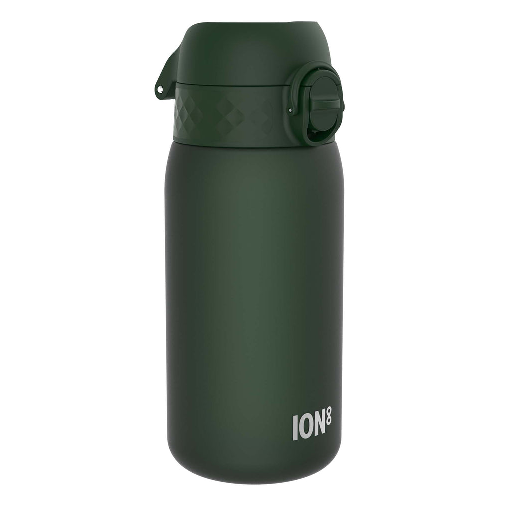 Dark green ION8 Recyclon leak-proof kids water bottle with 350ml capacity, showing the bottle's compact design and secure lid.