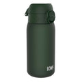 Dark green ION8 Recyclon leak-proof kids water bottle with 350ml capacity, showing the bottle's compact design and secure lid.