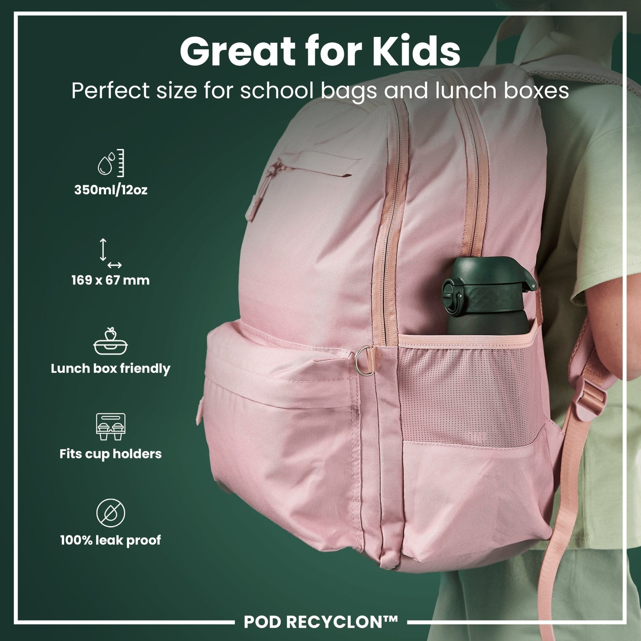 Dark green ION8 Recyclon leak-proof kids water bottle with 350ml capacity, designed for children, featuring a secure lid and durable construction.