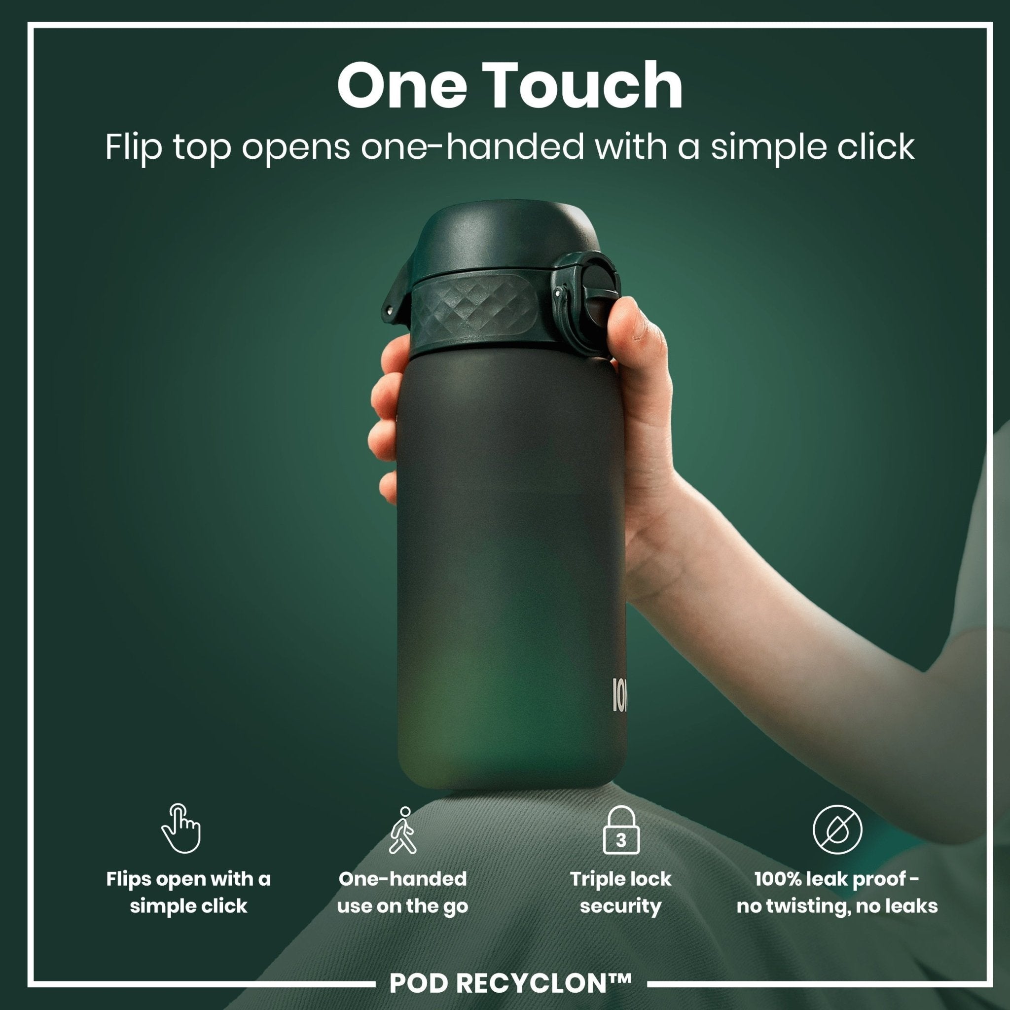 Dark green ION8 Recyclon leak-proof kids water bottle with 350ml capacity, featuring a secure lid and durable design.
