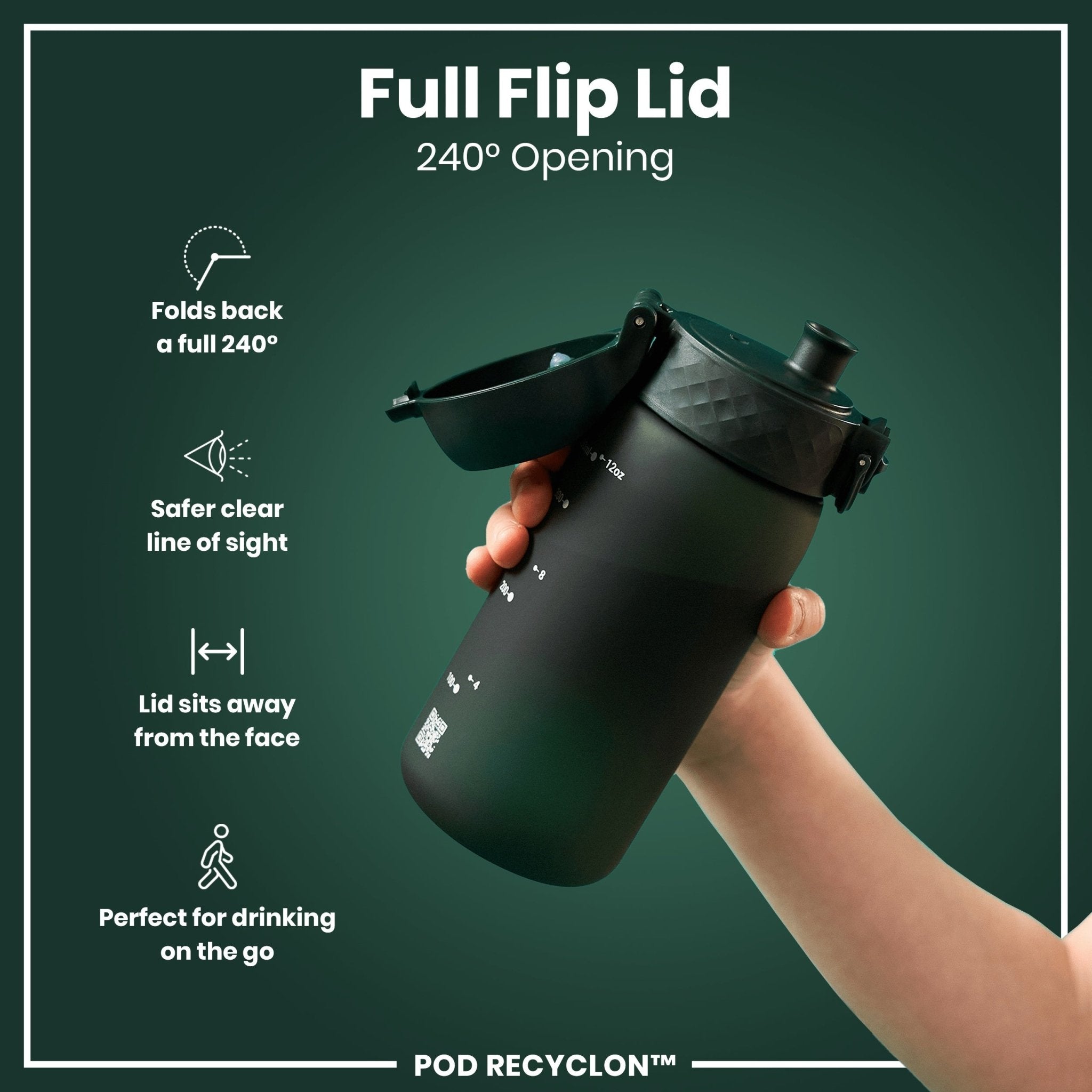 Dark green ION8 Recyclon leak-proof kids water bottle with 350ml capacity, featuring a sturdy design and secure lid.