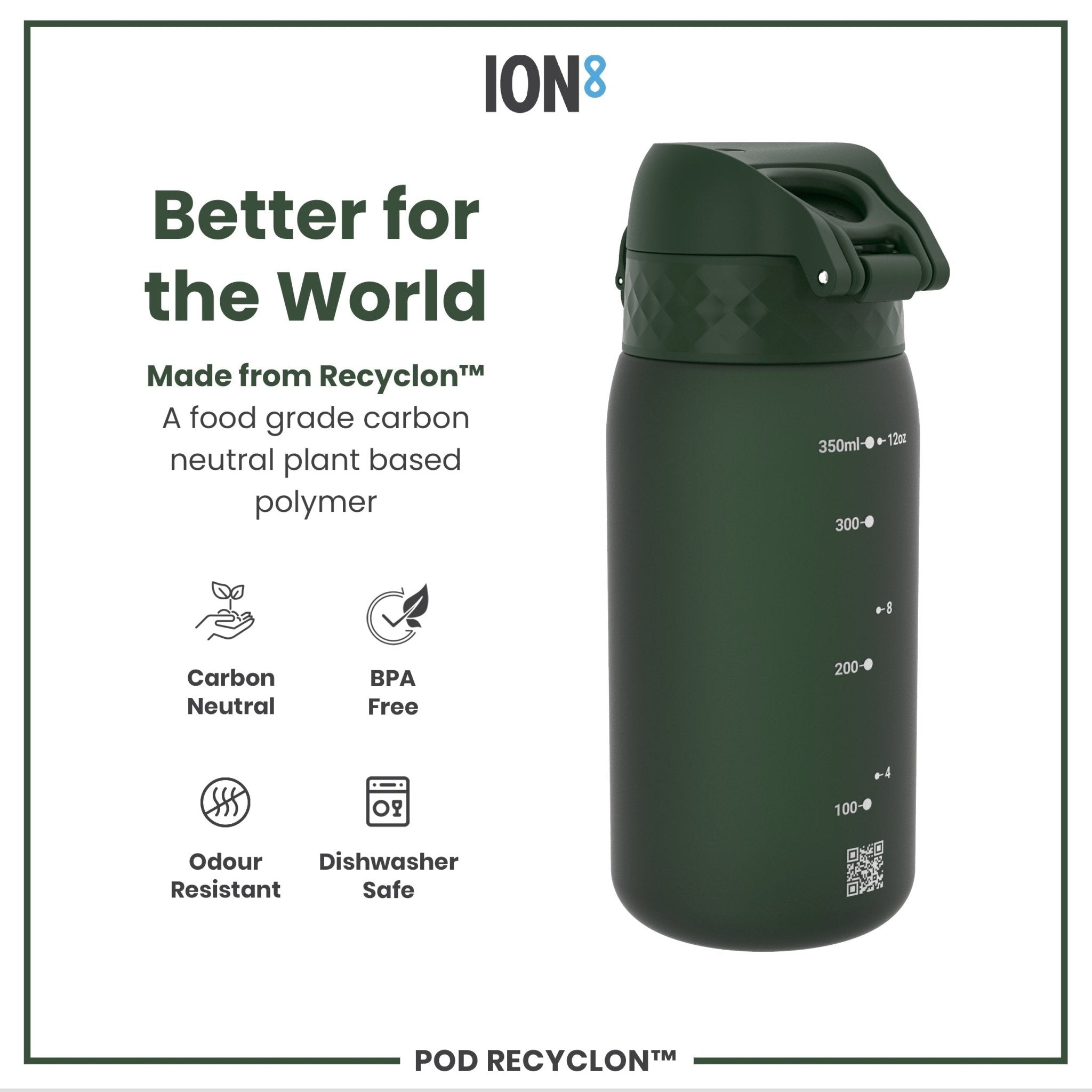 Dark green ION8 Recyclon leak-proof kids water bottle with 350ml capacity, made from recyclable materials.