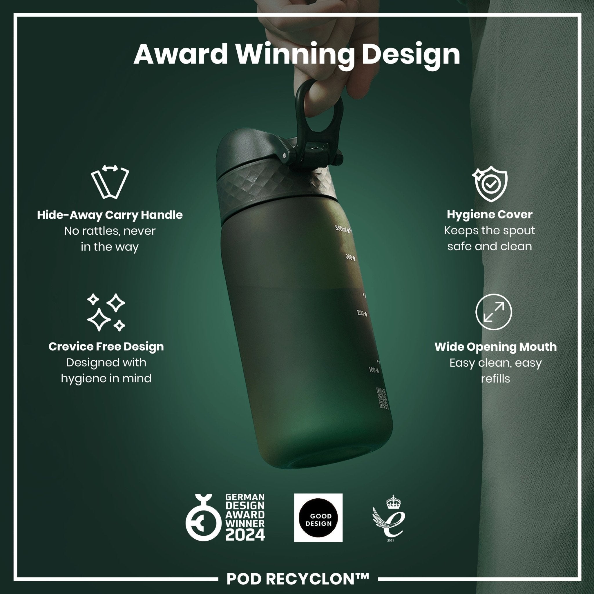Dark green ION8 Recyclon leak-proof kids water bottle with 350ml capacity, made from recyclable materials, shown with cap and body.