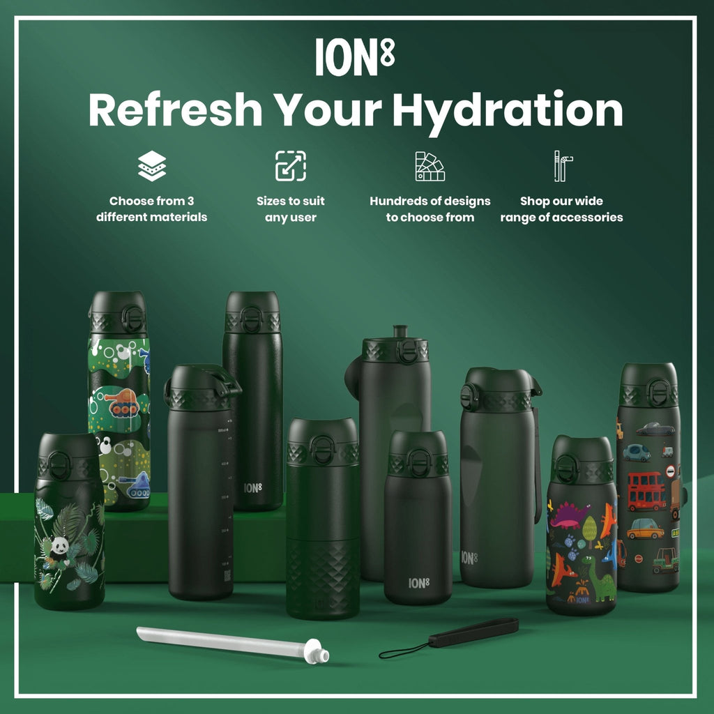 Dark green ION8 Recyclon leak-proof kids water bottle with 350ml capacity, featuring a secure lid and durable design.