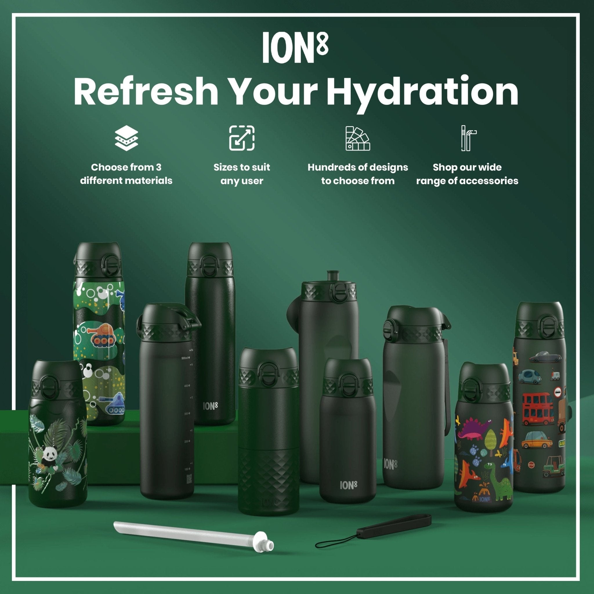 Dark green ION8 Recyclon leak-proof kids water bottle with 350ml capacity, featuring a secure lid and durable design.