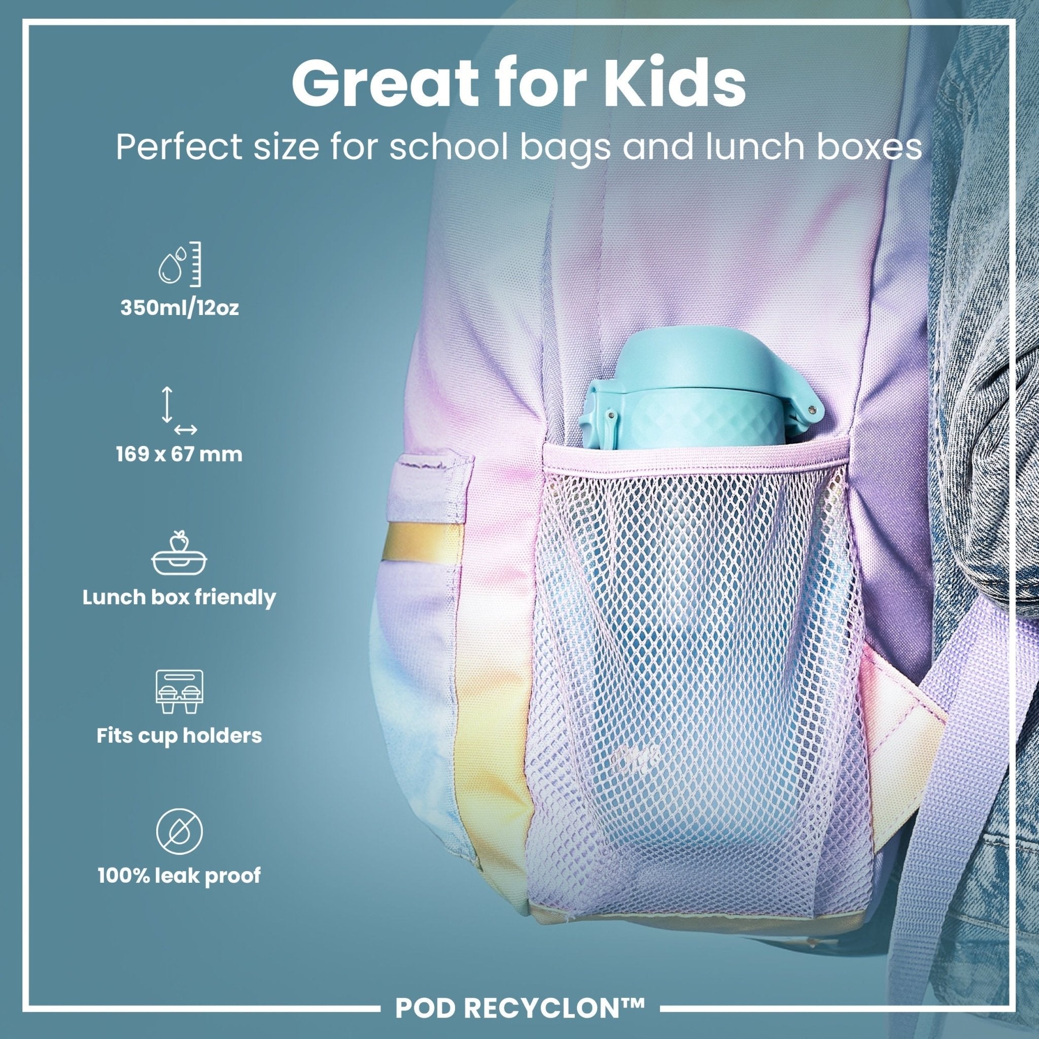 Ion8 leak-proof kids water bottle in Sonic Blue, 350ml, Recyclon brand, featuring a child-friendly design and secure lid.