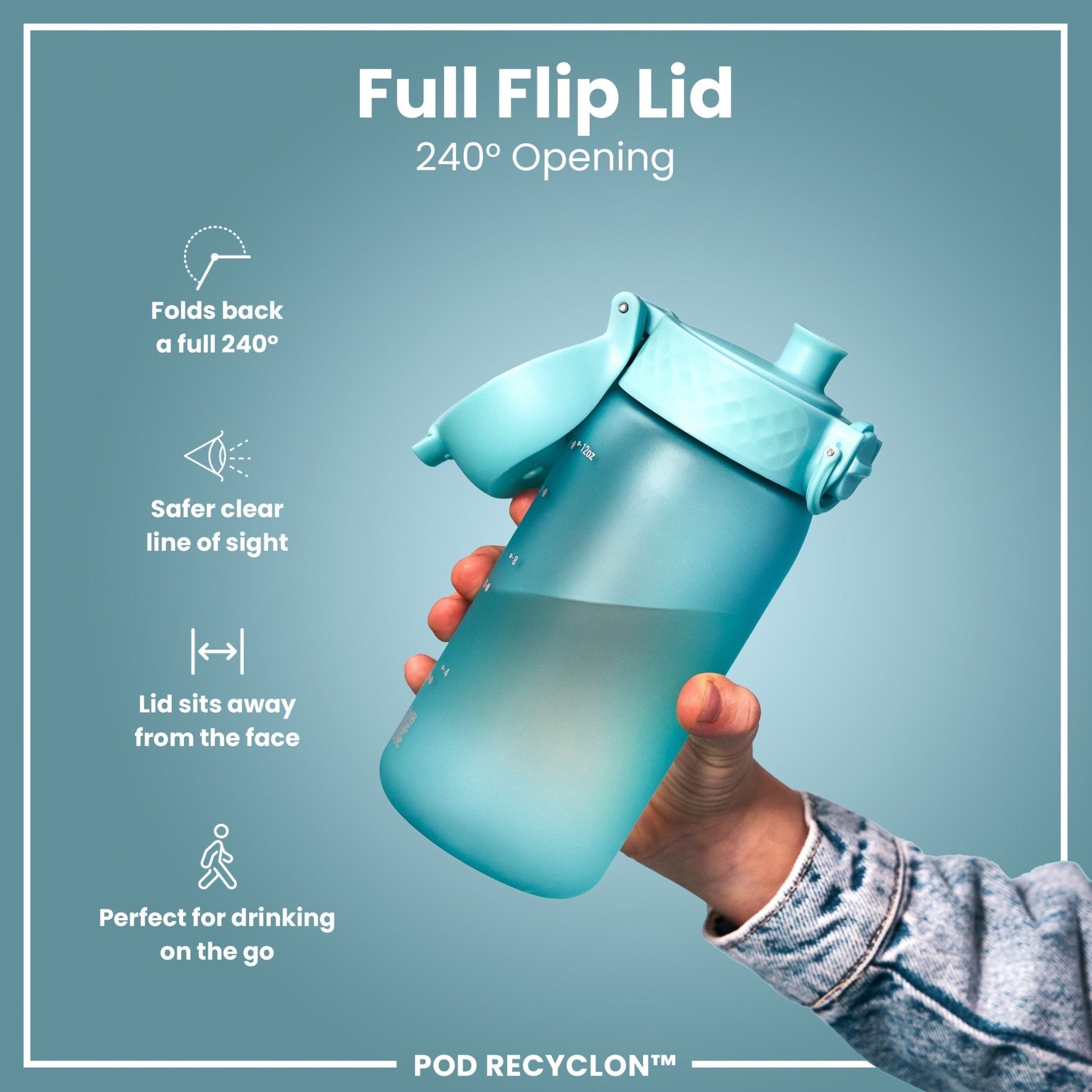 Ion8 Leak Proof Kids Water Bottle in Sonic Blue, 350ml Recyclon water bottle with secure lid and ergonomic design for children.