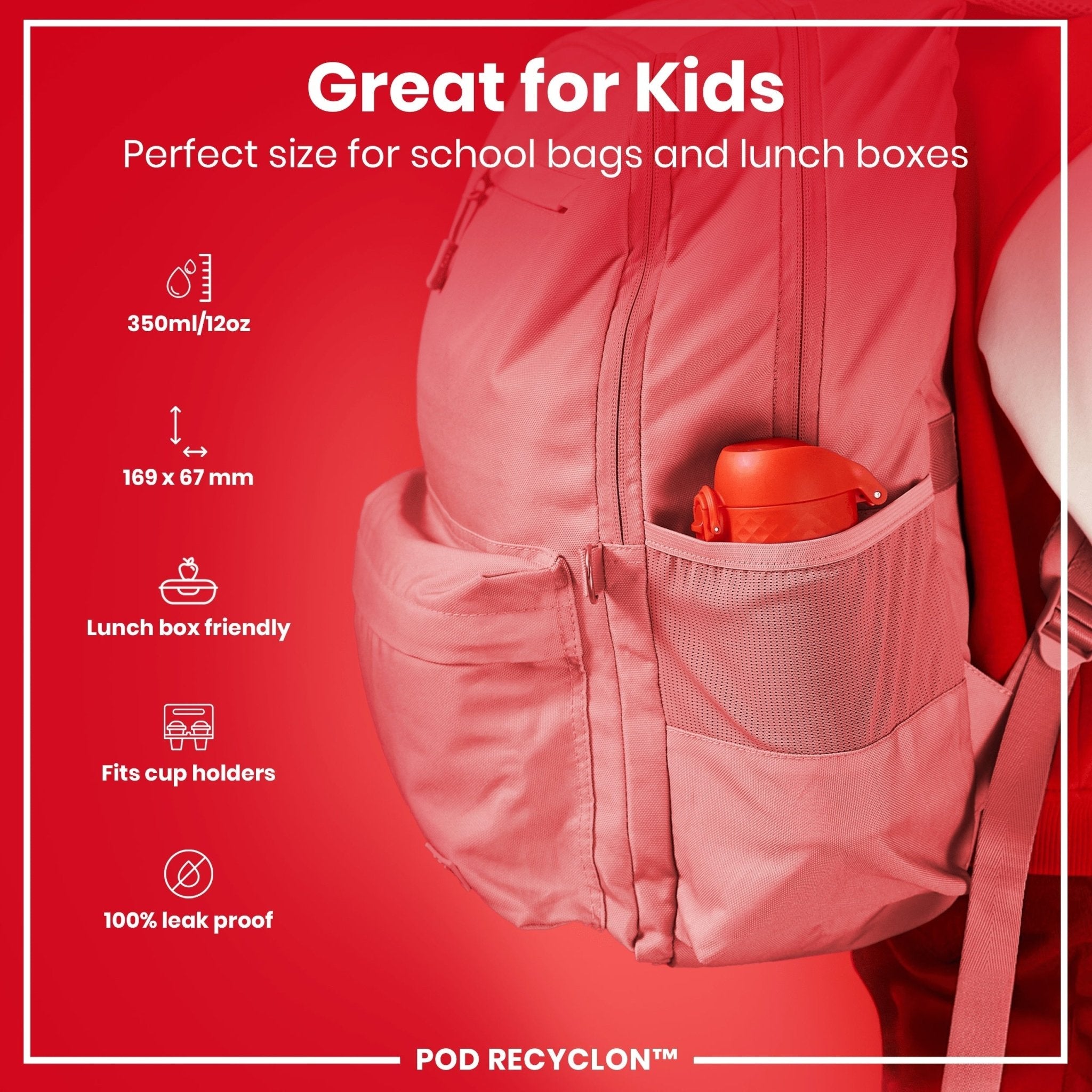 Red ION8 Recyclon leak-proof kids water bottle, 350ml, with secure lid and durable design, suitable for children.