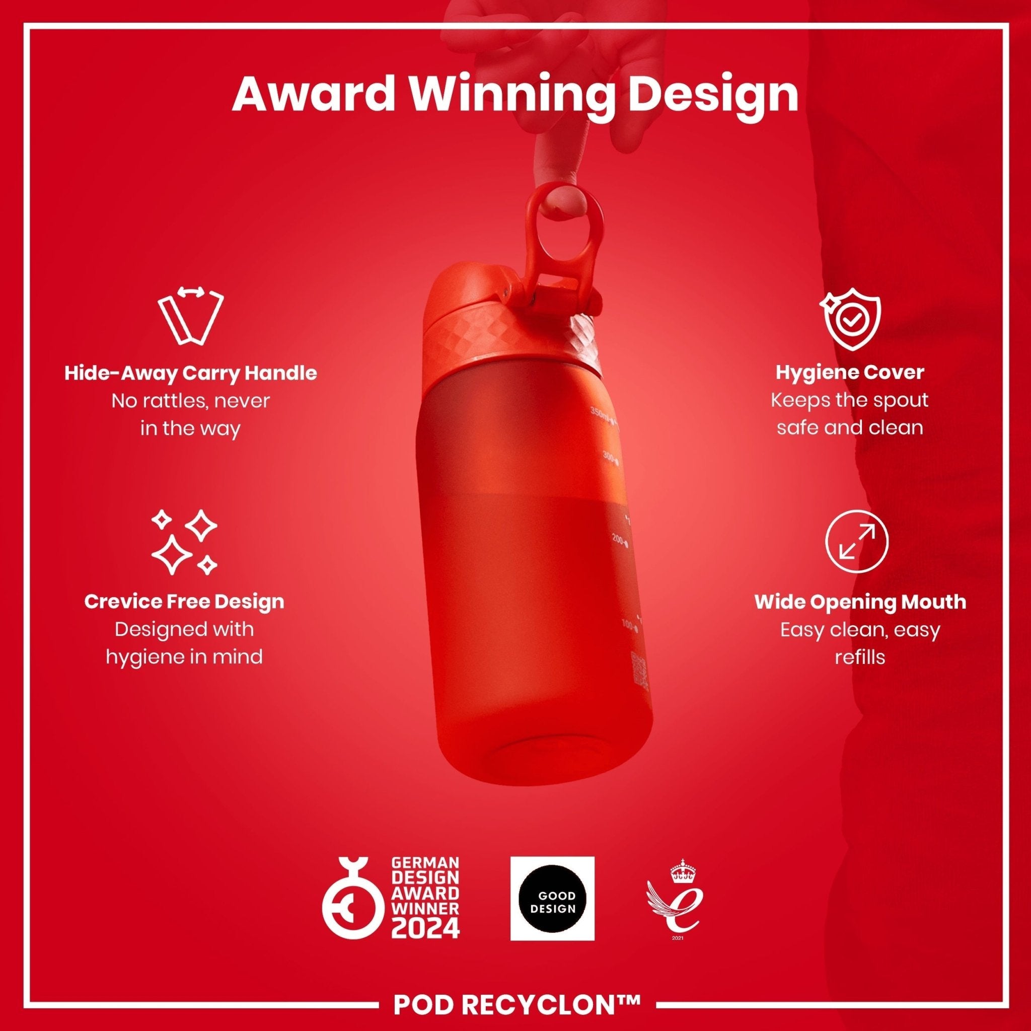 Red ION8 Recyclon leak-proof kids water bottle, 350ml, with secure cap and durable design for children.